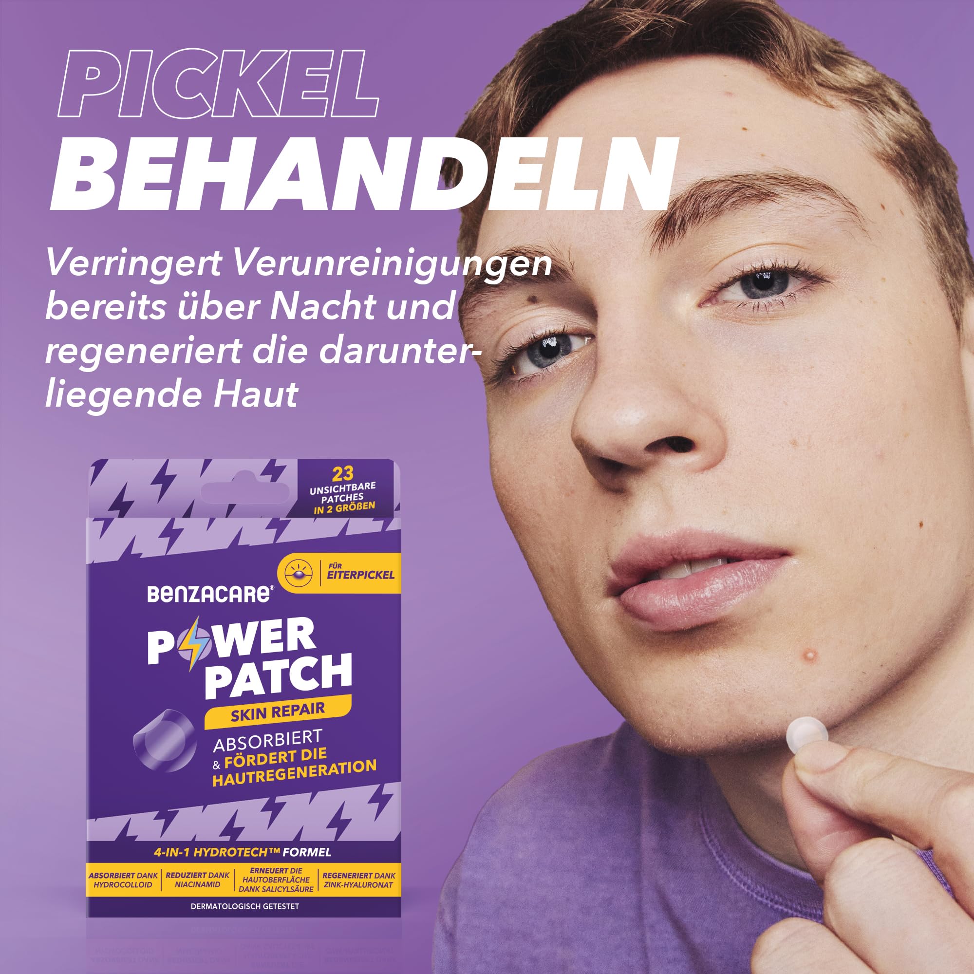 BENZACARE Anti-Pickel Set: Reinigungsgel (120 ml) + Power Patches Skin Repair (23 Stk) + Feuchtigkeitspflege LSF 30 (50 ml) - für zu Pickel neigende Haut, reduziert Rötungen & spendet Feuchtigkeit