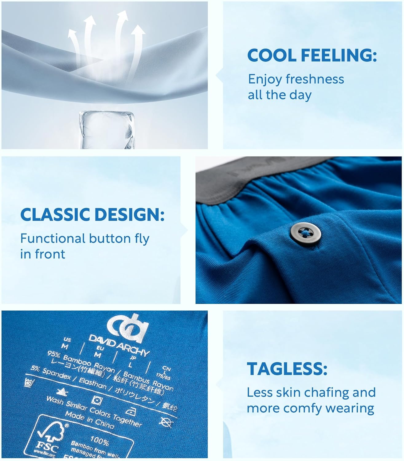 DAVID ARCHY Mens Underwear Bamboo Rayon Boxers for Men Breathable and Cool Men's Boxer Shorts with Button Fly 3 or 5 Pack - Image 5