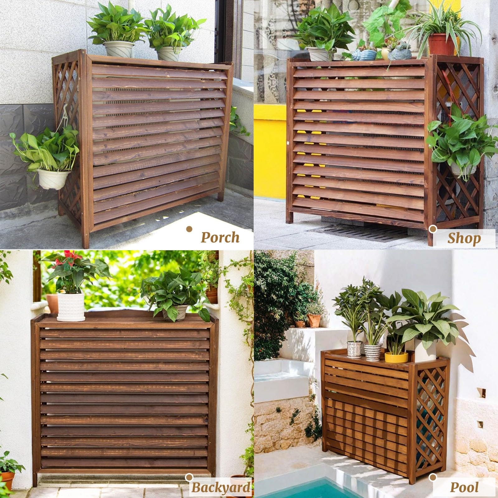 Marron Cache Clim Bois Cache Climatiseur Extérieur Bois Cache Pompe a Chaleur Extérieur Bois Pour Cacher Climatisation Support De Fleur Anti-Corrosion Support De Climatiseur Pour Jardin(110x50x85cm)