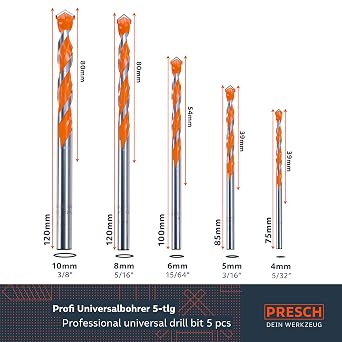 Presch Universal Drill Bit Set 5 pcs - Multifunctional Drill Bits for Metal, Wood, Concrete, Masonry, Tiles, Plastic - High-Speed Ultimate Drill Bits with Cylinder Shaft - Ø 4-10mm