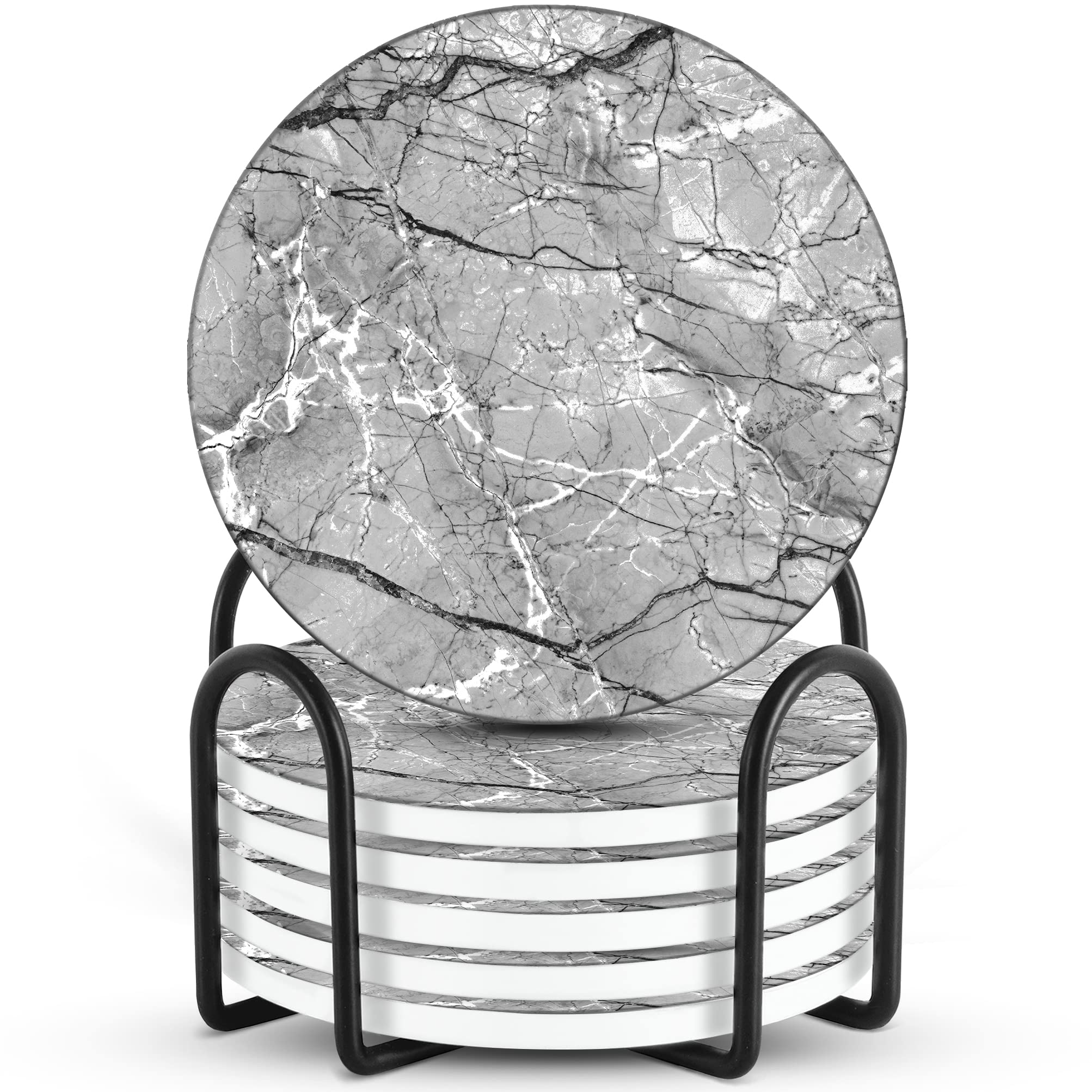 Emerson Coasters for Drinks Absorbent – Natural Stone Drink Coasters Set with Holder, Coasters for Coffee Table, Wooden Tabletop Protection Marble Style – 100% Heavy Duty Set of 6 (Storm)