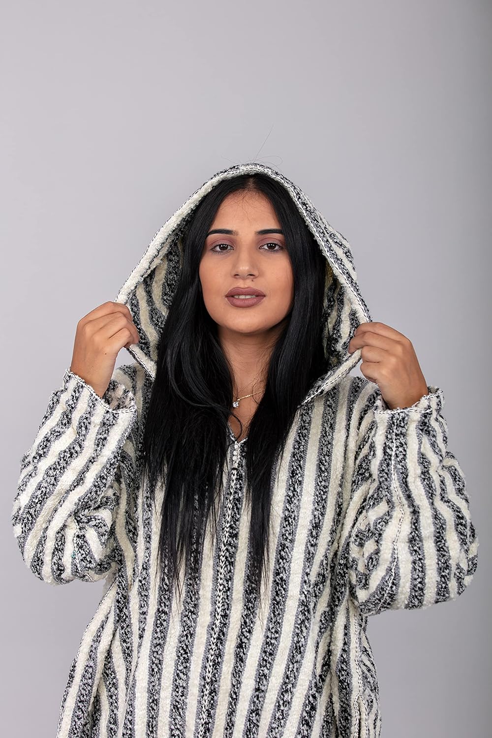 -Striped Djellaba, Sweater Coat, Hoodie Caftan from wool, Handmade boho Clothing, Wool dress women, Long Winter Dress