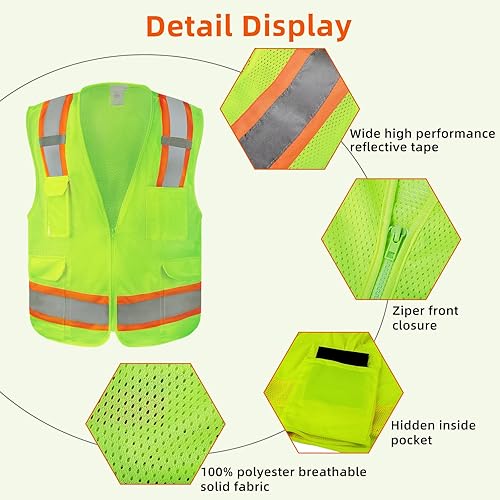 Miniatura 2 de Chaleco reflectante de alta visibilidad, chaleco de trabajo para hombres y mujeres, chaleco de construcción con 9 bolsillos y cremallera