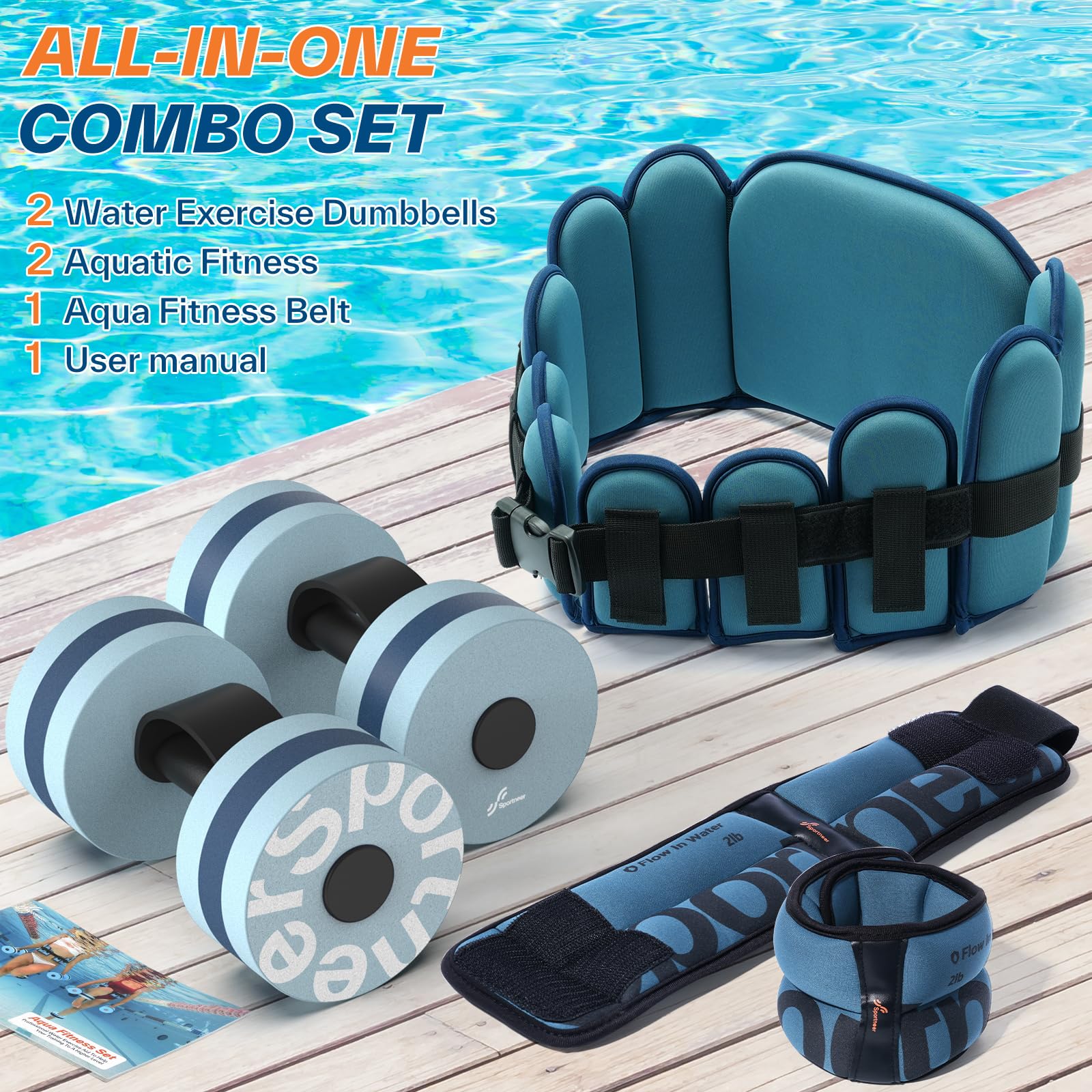 Sportneer Kit d'accessoires d'aquagym 3 en 1 avec haltères aquatiques EVA, ceinture de jogging pour adulte, poids de cheville – Accessoires de fitness et équipements de sports nautiques 2