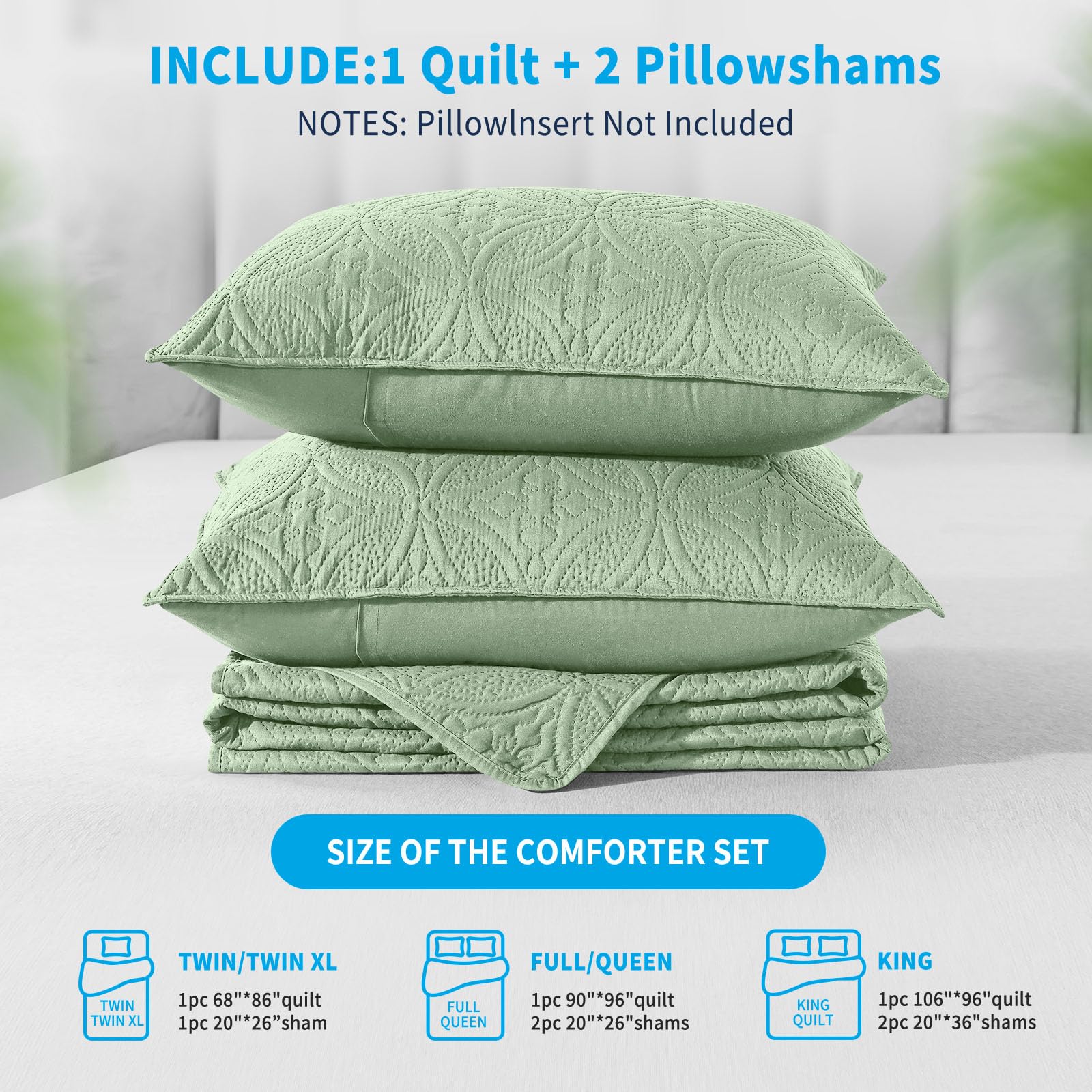 SameBed Quilt Set Full/Queen Size with Pillow Shams, Quilted Bedspread for All Season, Classic Coin Pattern Quilt 3 Piece Includes 1 Quilt and 2 Shams Sage Green