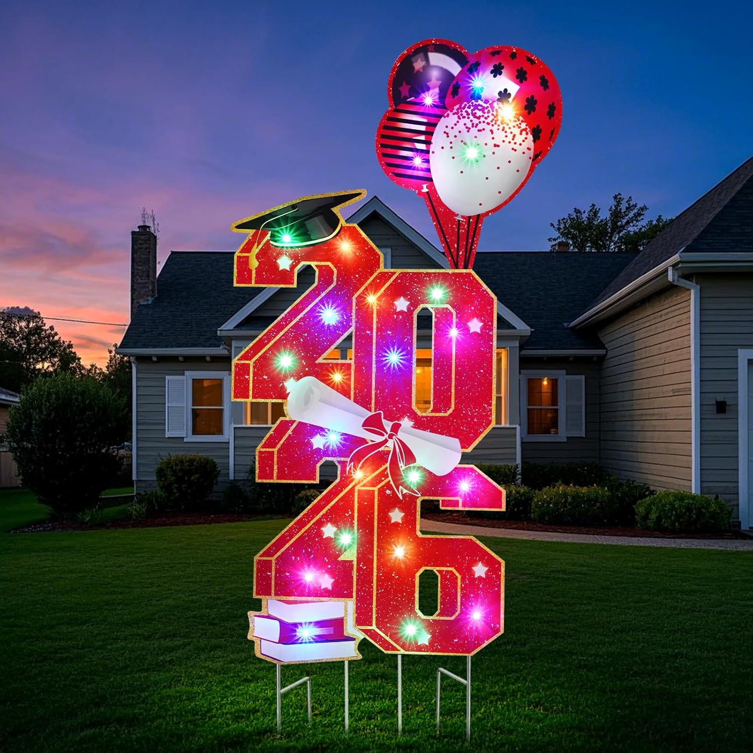 FRAMICS 36.6 Inch Graduation Decorations 2026 Reinforced Graduation Yard Signs Class of 2026 Graduation Party Decoration with Metal Stakes, Outdoor Congrats Lawn Sign with LED Lights, Red