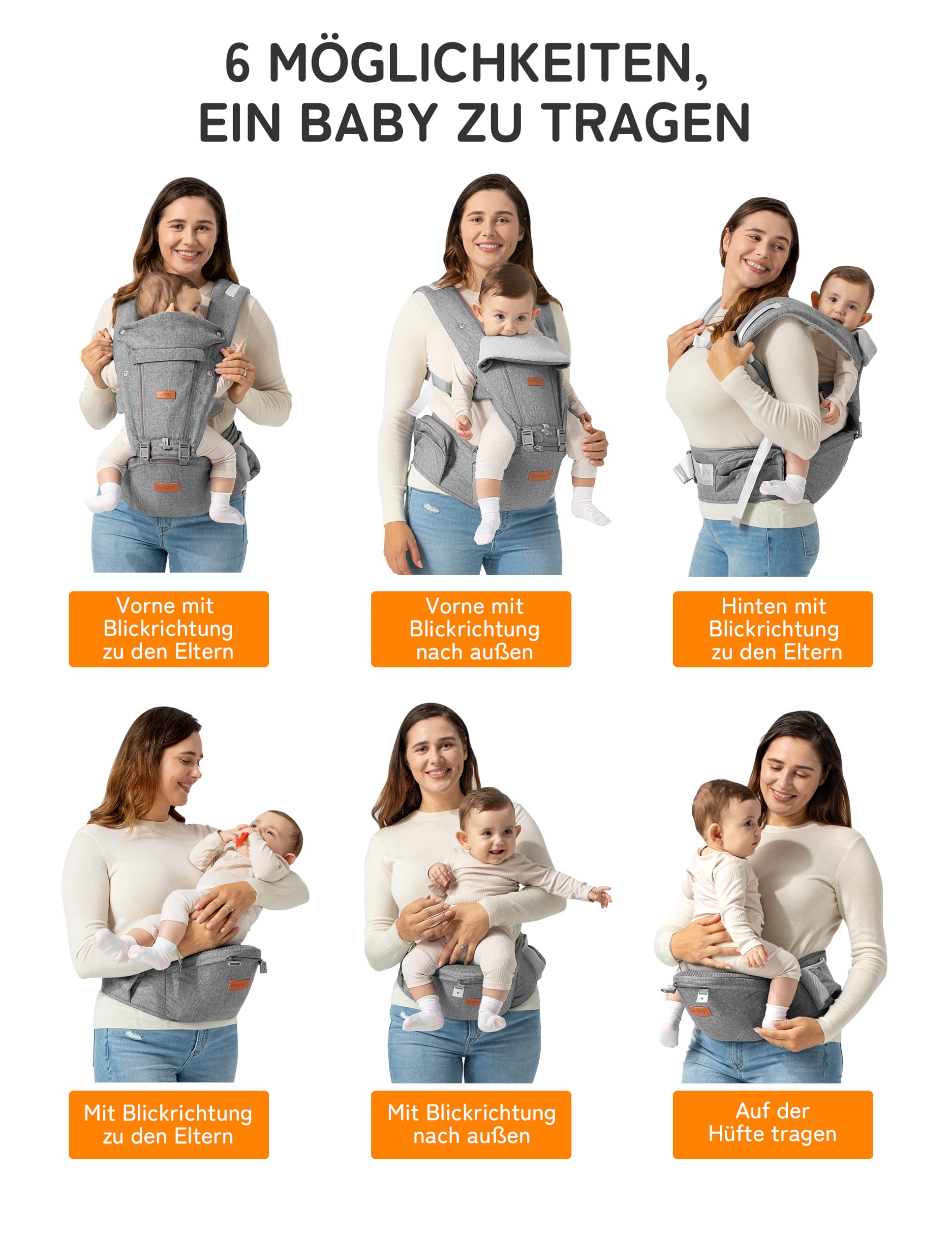 besrey Babytrage, Ergonomische Baby Trage mit Hüftsitz, Baby Carrier mit Lendenstütze, 6 Tragepositionen, Verstellbarer Tragegurt für Babys und Kleinkinder von 4–36 Monaten, Inkl. Sabberlatz