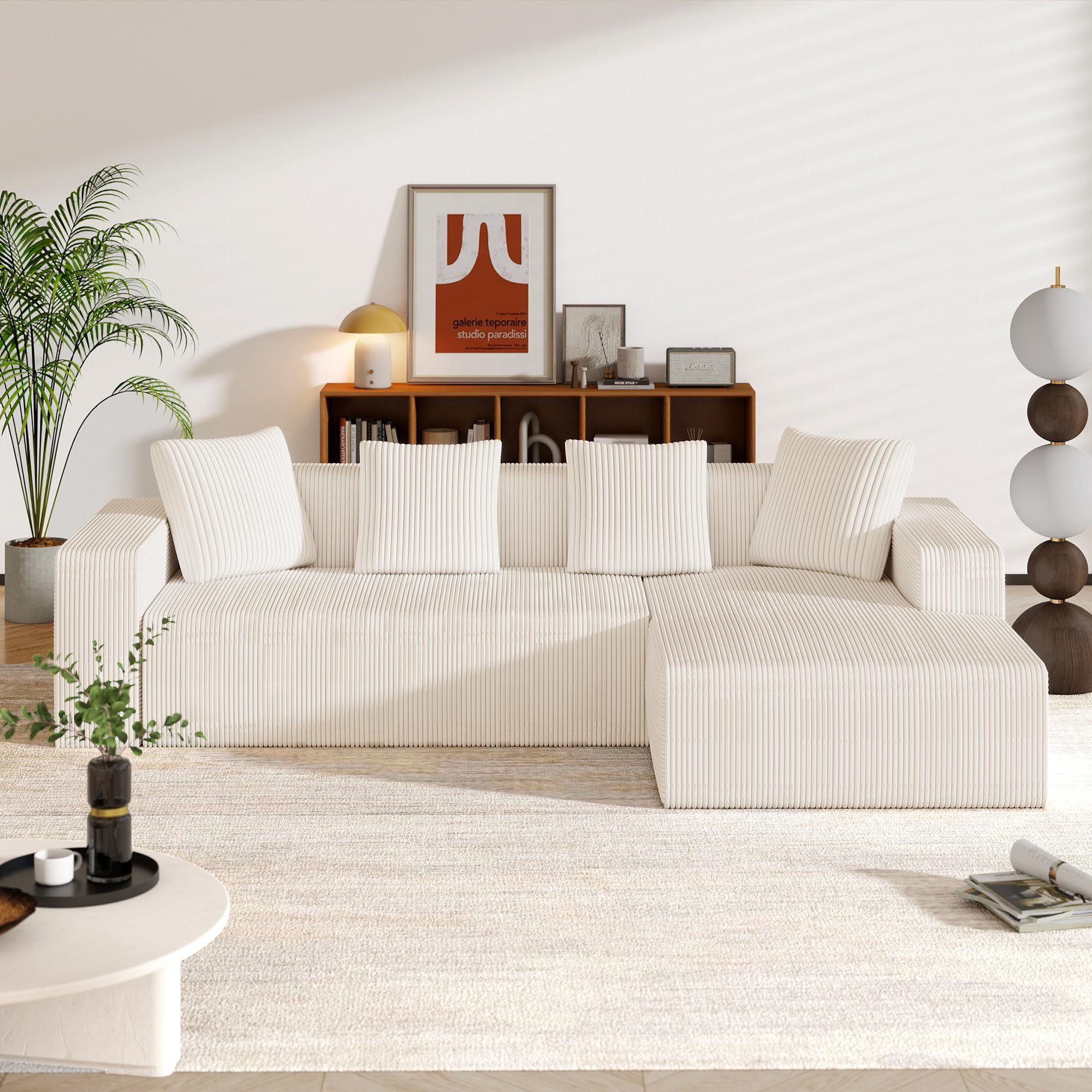 Sofá esquinero modular de 261 cm, sofá de 3 plazas comprimido con chaise longue profunda y 4 cojines, sofás combinados de espuma viscoelástica para sala de estar, apartamento, color blanco