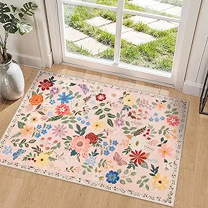 Entryway Rug 2X3 Small Rugs: Floral Washable Door Mat Vintage Soft Low Pile Non-Slip Kitchen Rugs Stain Resistant Indoor Throw Rug for Entrance, Bedroom, Kitchen, Laundry, Bathroom Beige