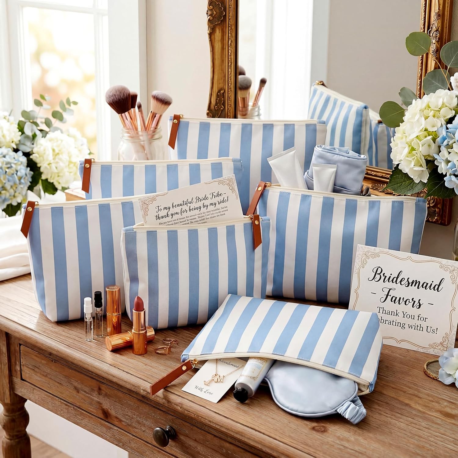 Hillban 24 Pcs Blue Striped Makeup Bags Bulk Canvas Cosmetic Bag Beach Themed Gifts Travel Toiletry Organizer Zipper Pouch Bags for Women Bridemaids Party Favors