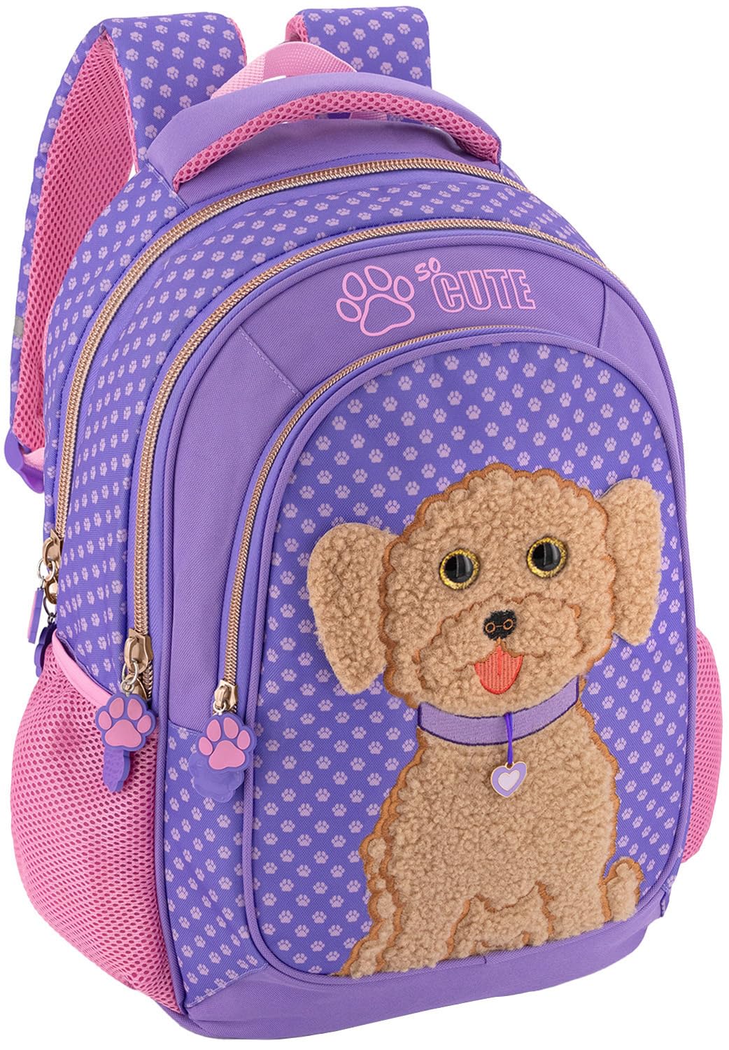 Julian Ross Zaino Scuola Elementare Bambina 43x33x15 cm Barboncino Toy – Multitasche, Schienale Ergonomico, Spallacci Imbottiti, Tasche Porta Borraccia, Grande Capacità e Design Cucciolo