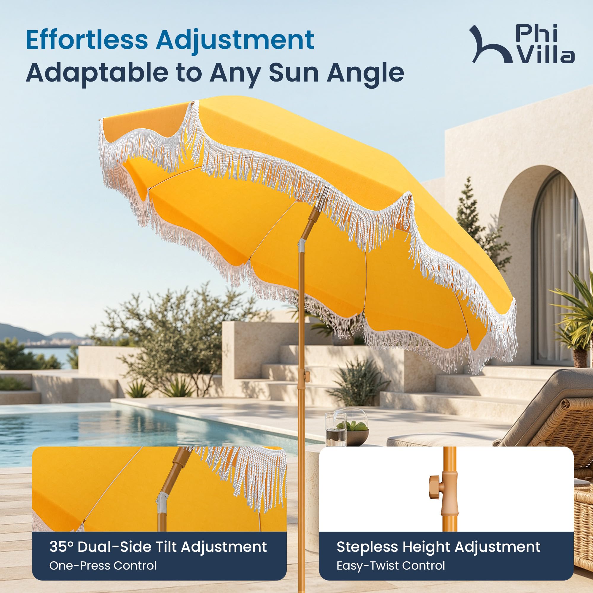 7ft Fringe Beach Umbrella with Sand Anchor Outdoor Patio, UPF 50+, Yellow