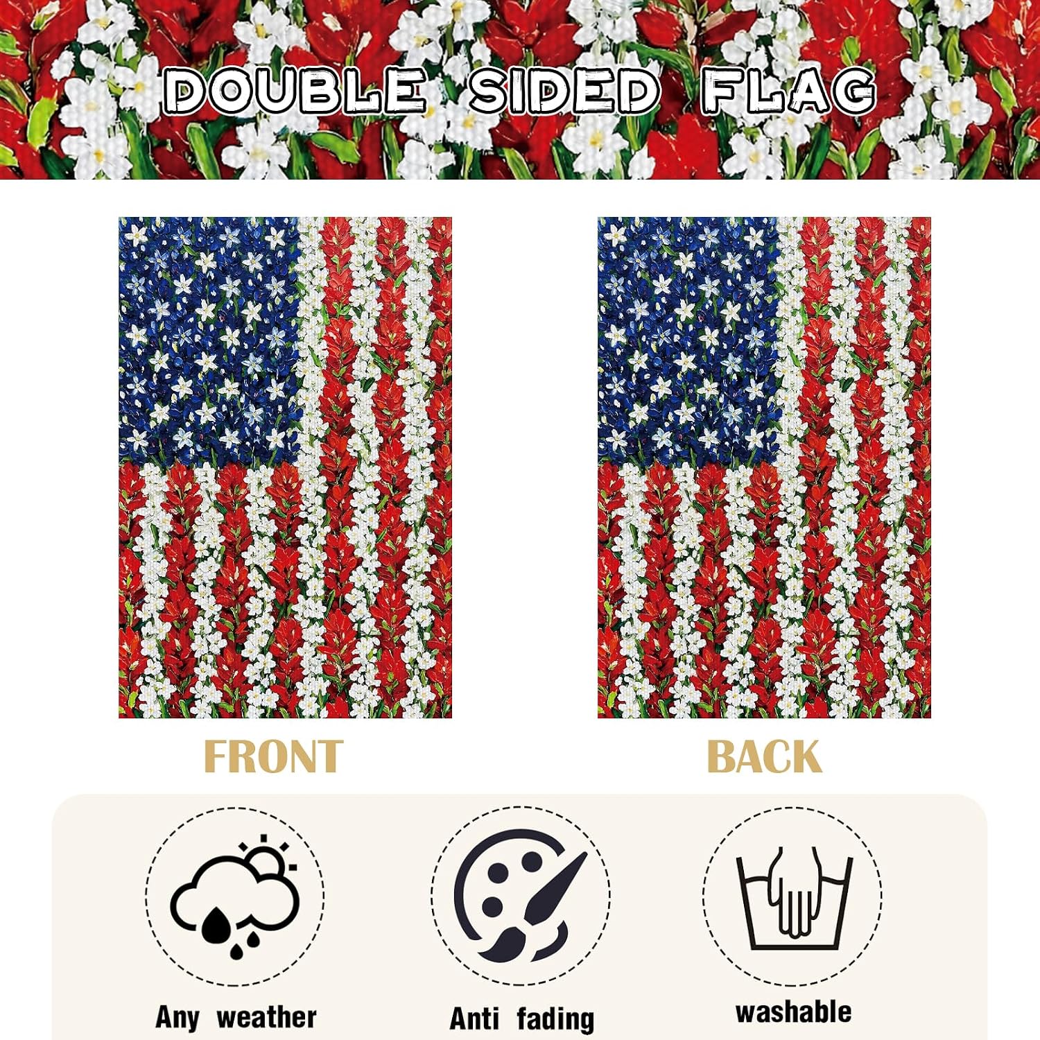 Large House Flags for Outside, Memorial Day Patriotic Double Sided Garden Flag for Home Decor, Red Blue Flowers American Flag Yard Outdoor Party Decorations Supplies 28 x 40 Inch
