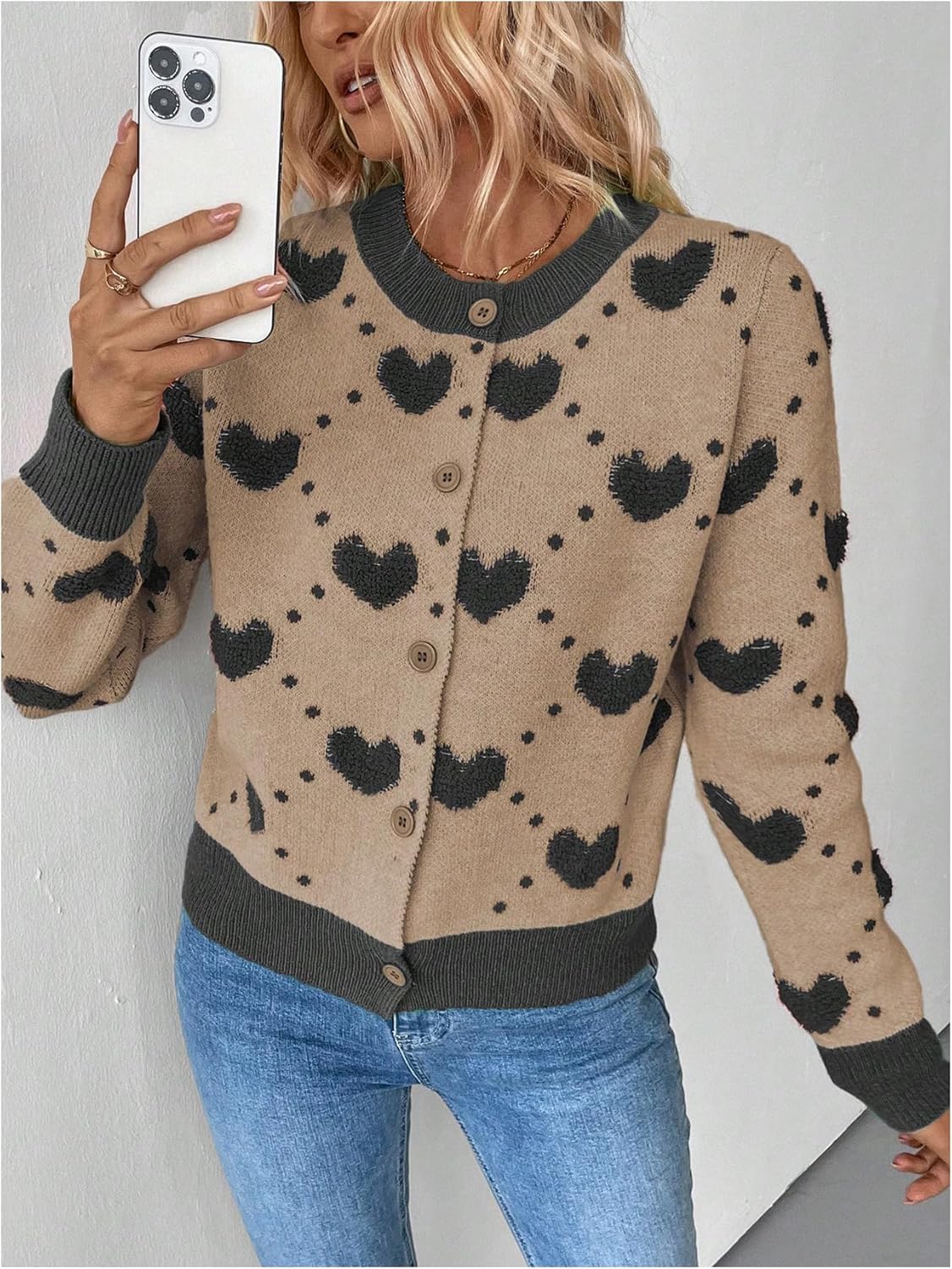 GORGLITTER Women's Heart Long Sleeve Button Down Cardigan Sweater Fall Trendy Dressy Color Block Knit Short Cardigans