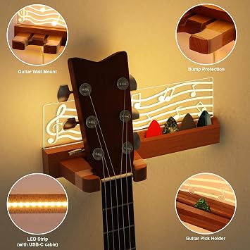 CoolGift Mart LED Guitar Wall Mount Stand with Picks Holder - Solid Wood & Acrylic USB-Powered Guitar Accessories as Decor - Gift for Men, Guitar Players, Music Lovers (for Acoustic, Electric Bass, Ukulele)