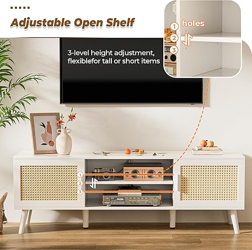 Miniatura 3 de SUPERJARE Soporte de TV de 55 pulgadas, centro de entretenimiento con estante ajustable, consola de TV de ratán con 2 gabinetes, consola multimedia,