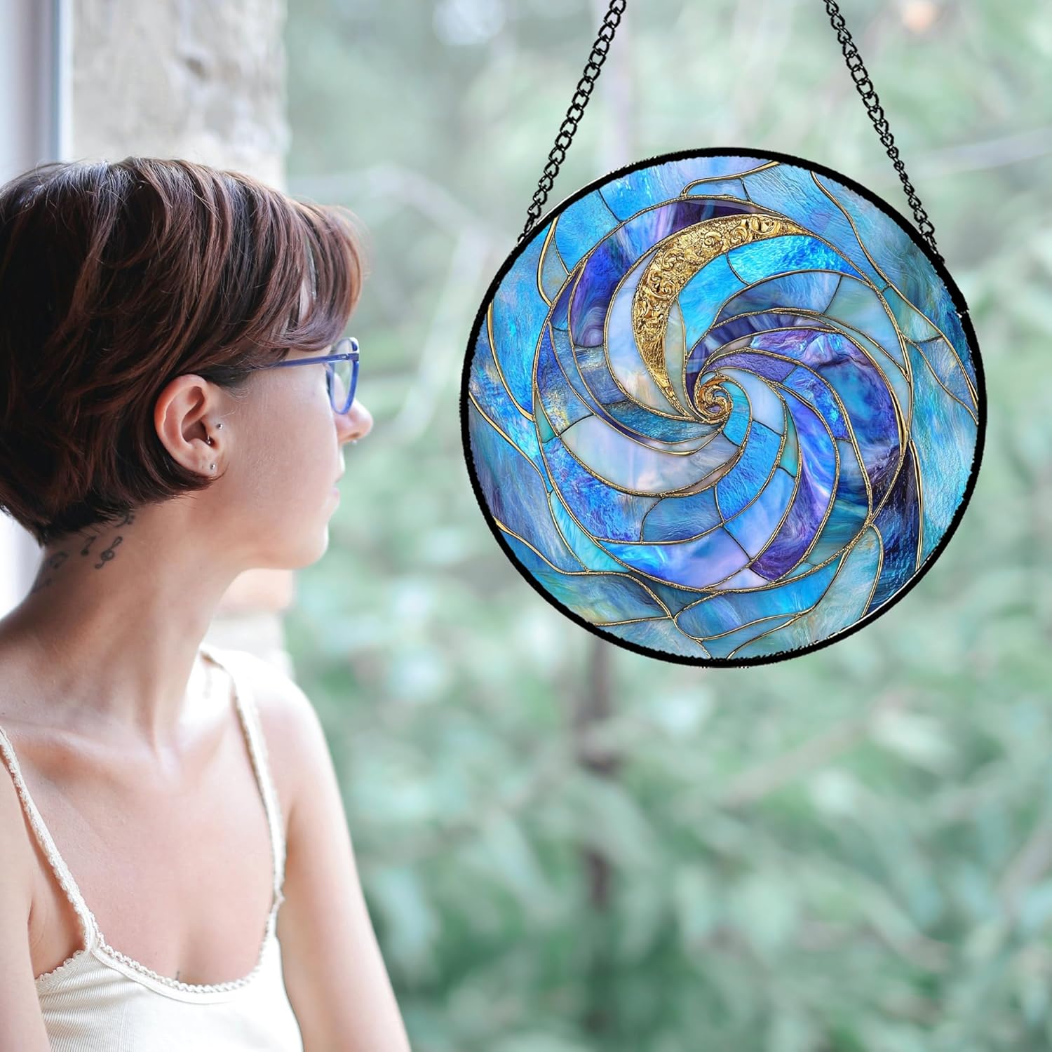 Stained Glass Window Hanging Blue-Purple Gradient Spiral Large 11.8" - Suncatcher Door Garden Sunroom Sun Catcher Home Decor Housewarming Birthday for Mom Grandma Men Woman