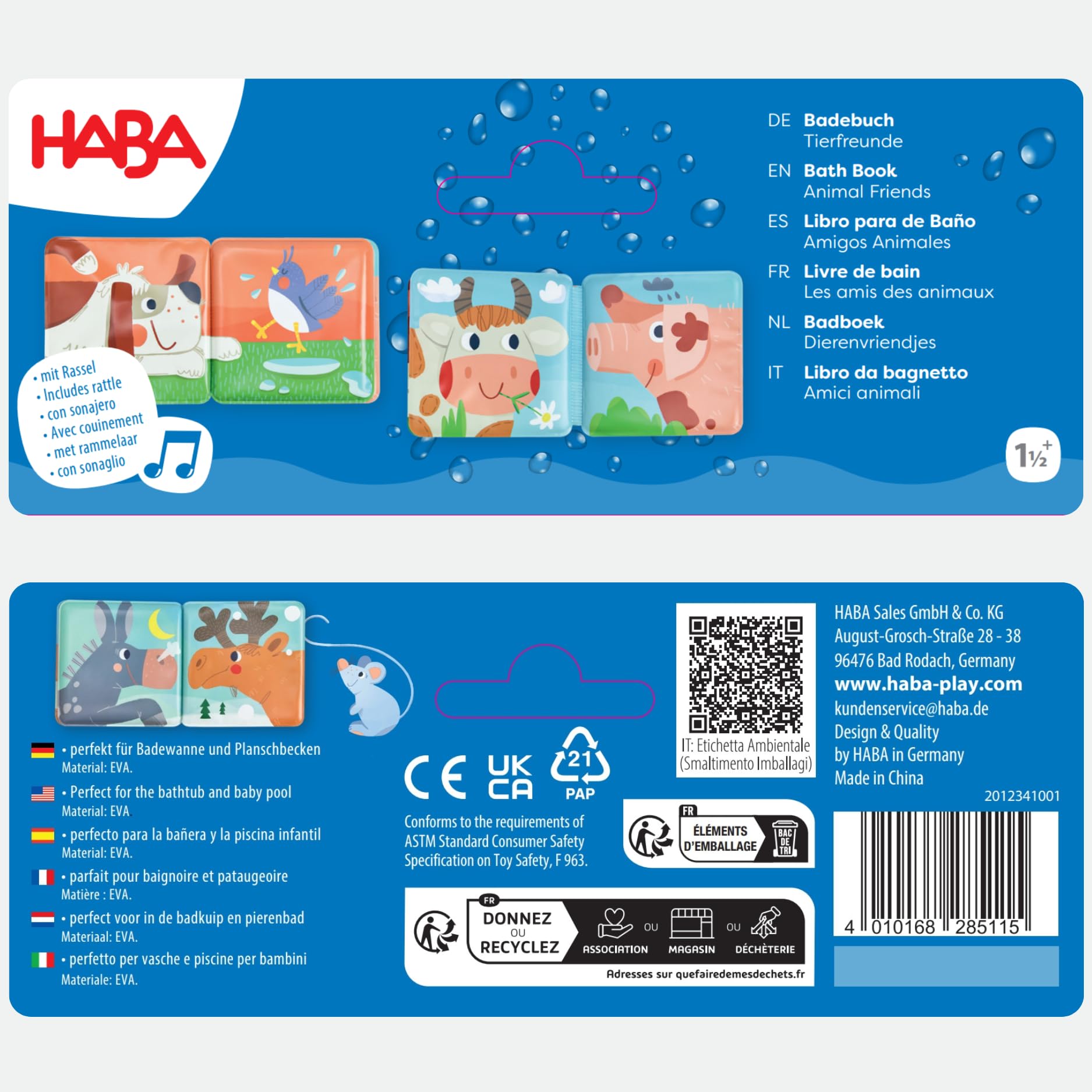 HABA Livre de Bain Les Amis des Animaux - Plaisir Aquatique dès 6 Mois avec Fonction cliquetis colorée - Plaisir du Bain pour Baignoire et Piscine - 2012341001