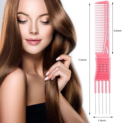 Miniatura 9 de 4 peines de carbono con puntas de metal para levantar pelos, peine de elevación de pelo y peine de peluquería con 5 pasadores de acero inoxidable