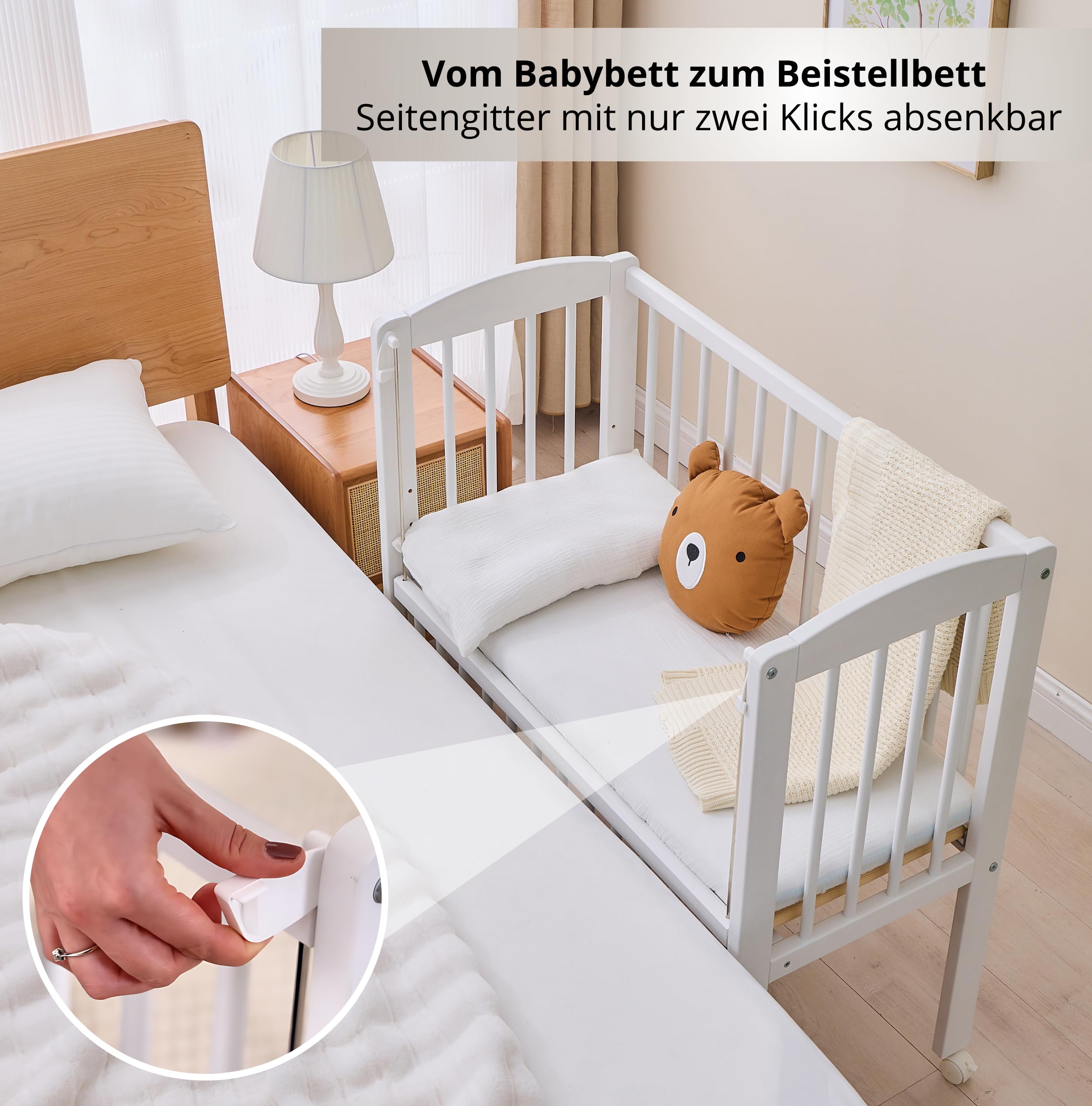 ALAVYA HOME® Beistellbett Leroy 2 in1 Babybett 6-TLG., Set Betthimmel mit 2 Bommeln + Matratze + Himmelstange aus Buchenholz (Weiß - Set mit Betthimmel Rosa)