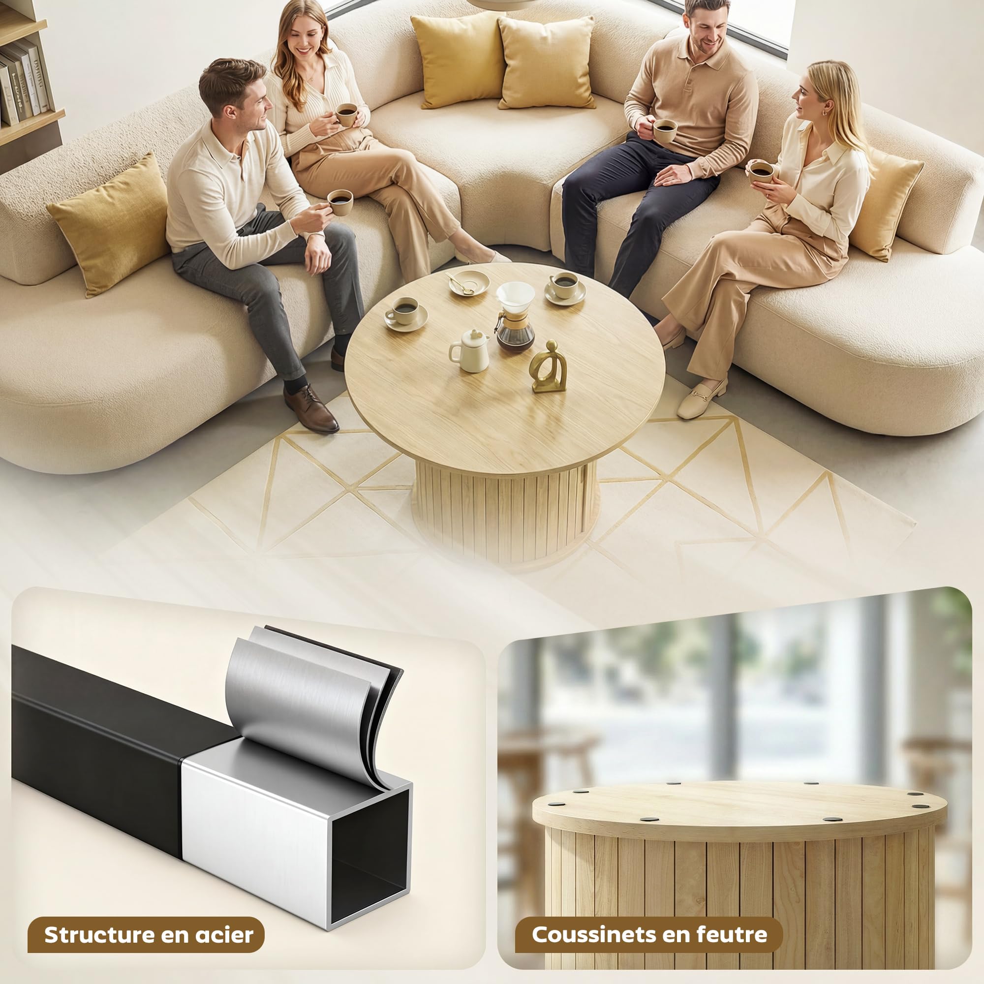 HOMCOM Table Basse Ronde, Table de Salon avec Rangement, Porte coulissante à Lattes, 2 étagères, Patins en Feutre, Style Moderne, pour Salon, Bureau, Ø 80 x 50 cm, Effet Bois Naturel