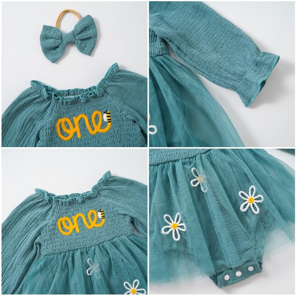 Miipat Baby Girl 1st Birthday Outfit Long Sleeve Tulle Romper Dress Cake Smash Clothes with Headband Socks