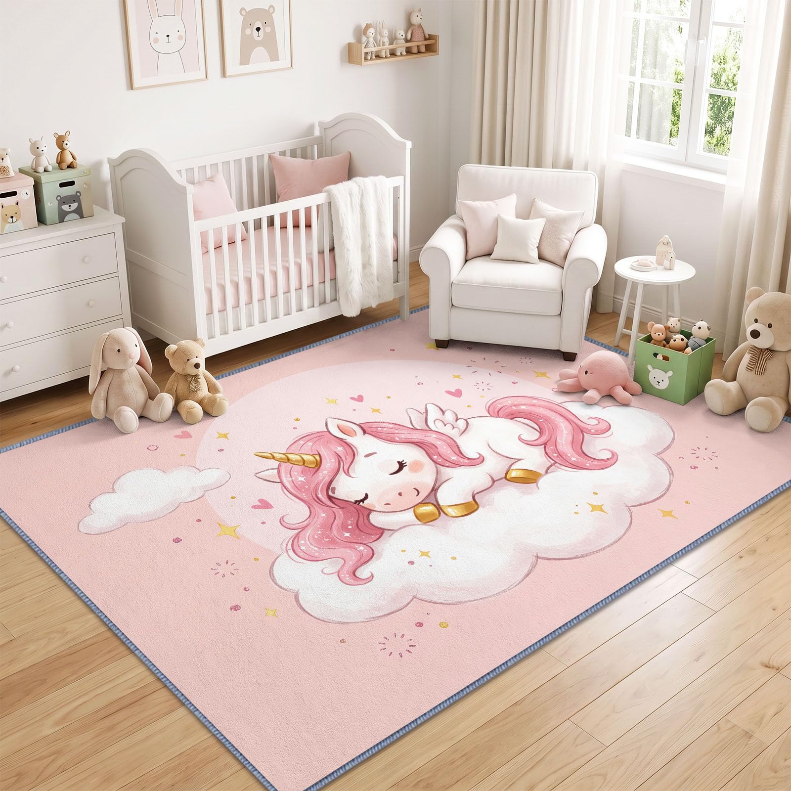 Tapis de Salon Lavable en Machine 160 x 230 cm, Dessin Animé Fantastique Animaux Licorne Tapis Chambre, Antidérapant, Poils Courts, Douce, Adapté à L'aspirateur pour Entree Interieur, Couloir, Rose