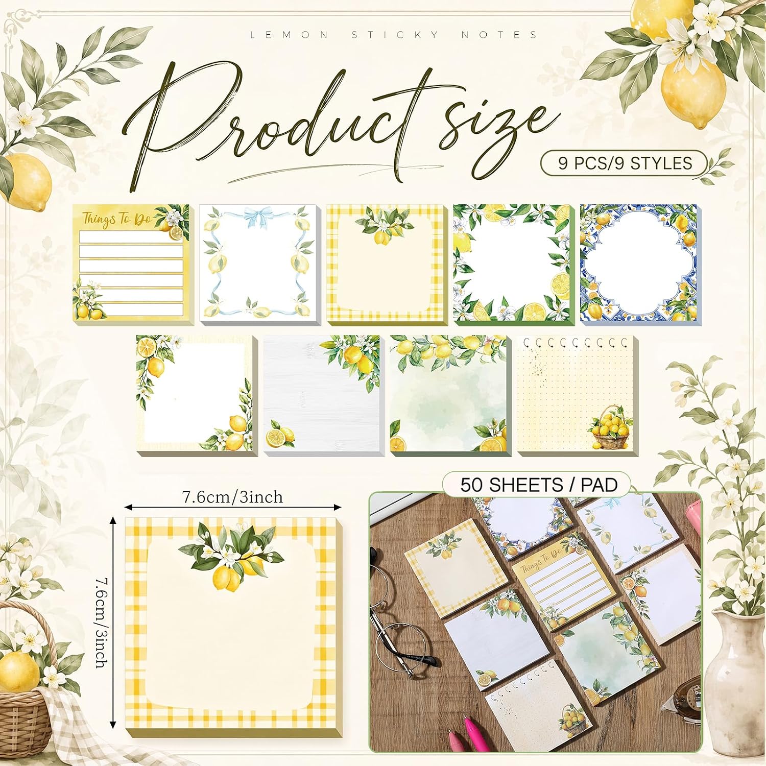 9 Pads Lemon Sticky Notes, 3x3 Inch Cute Stick Notepads image 2