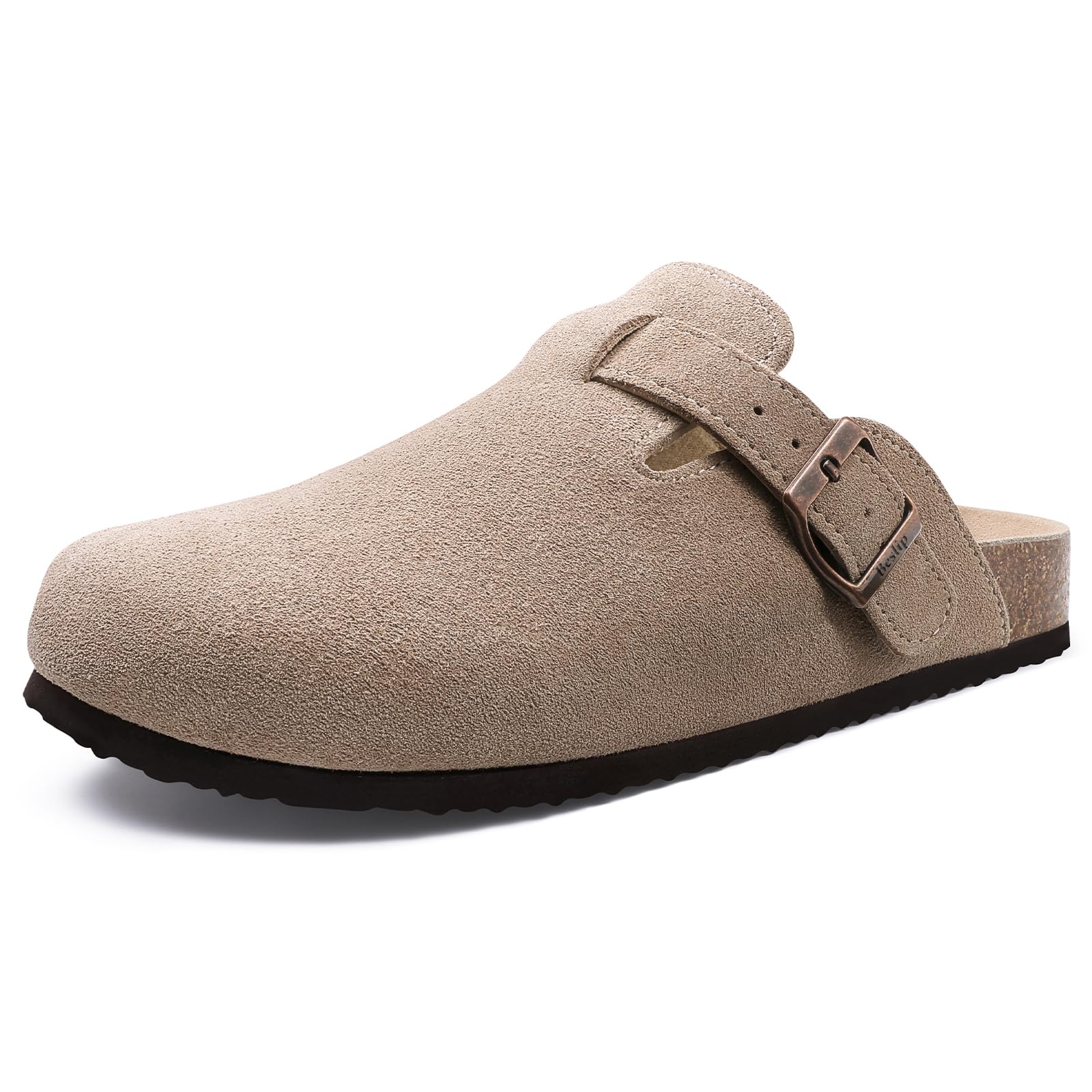 Beslip Wildleder Clog für Damen Weiches Kork Fußbett Leder Pantoletten Komfort Kartoffel Schuhe mit Arch Support, Taupe Frauen Größe 40 EU