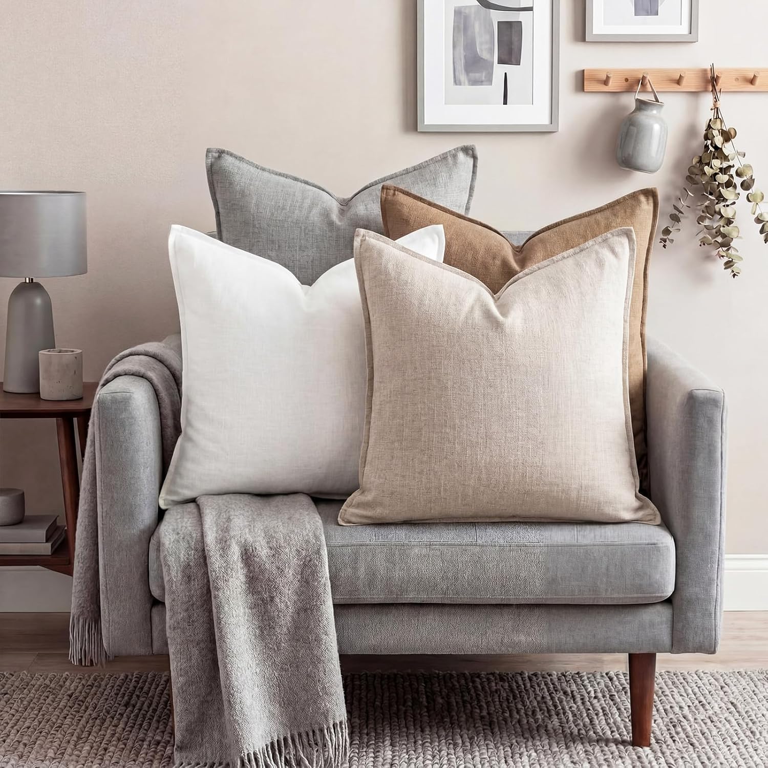 4 Pack 20x20 Inch Linen Pillow Covers Decorative Neutral Linen Throw Pillows Cases, Soft Rustic Cushions Boho Farmhouse Pillowcases for Bed Sofa Living Room Spring Decor(Neutral Color)
