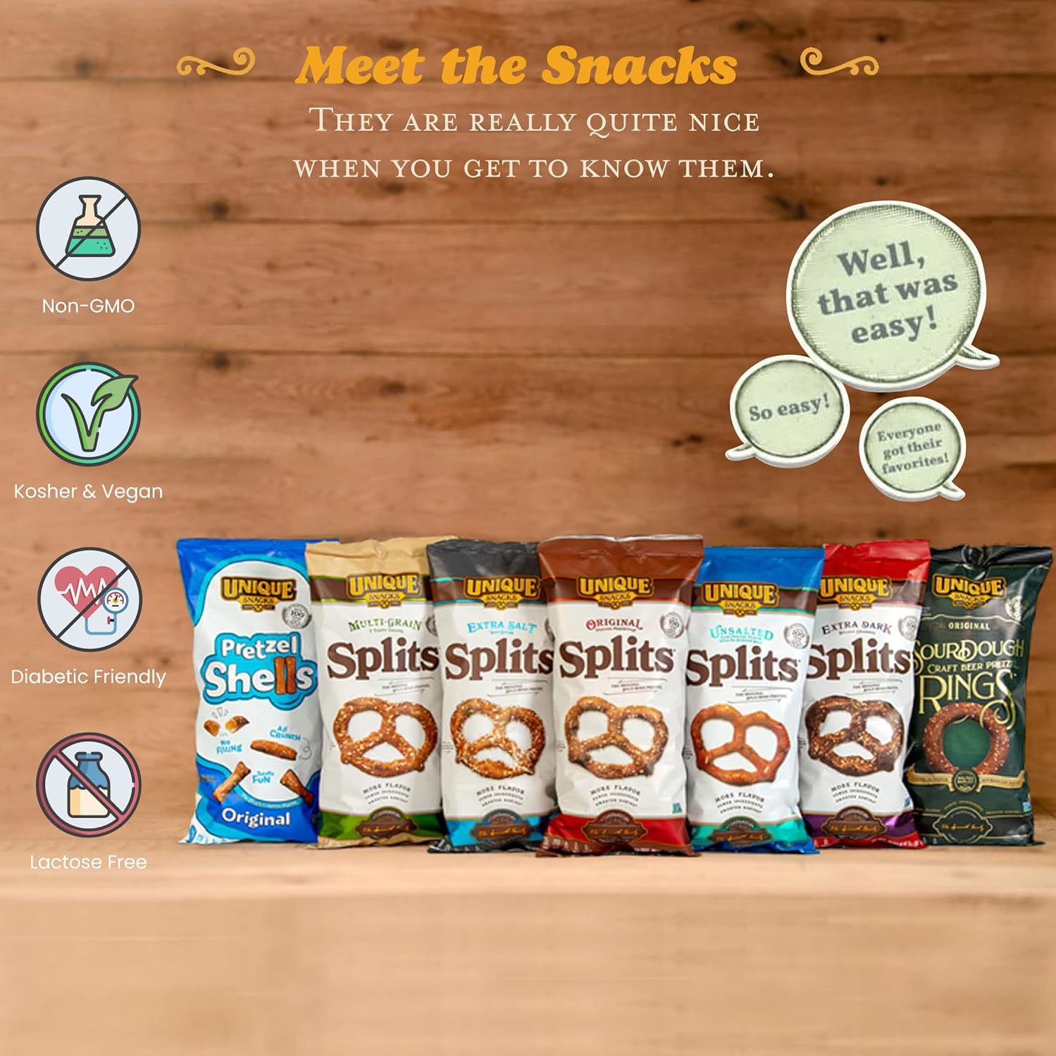 Unique Snacks- Unsalted Splits Pretzels, Homestyle Baked, Certified OU Kosher and non-GMO, 11 oz Bag (6 pack) No artificial flavors 66 Ounce