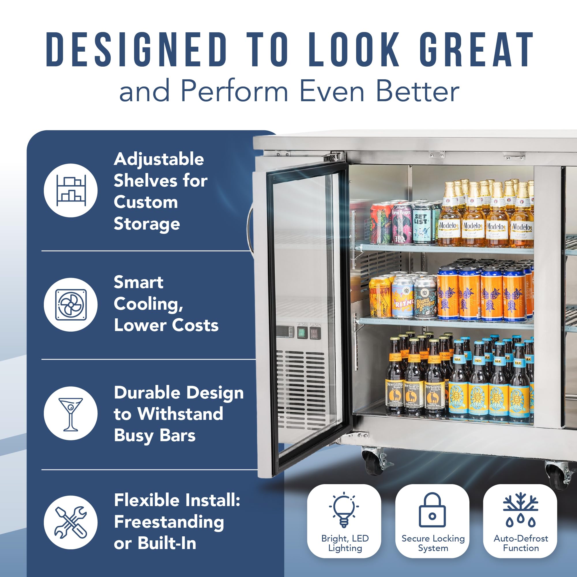 Peakcold 2-Door Counter Height Beverage Refrigerator - 61" Wide Energy Efficient Stainless Steel Beer Fridge With Glass Doors & White LED Lighting - Commercial Back Bar Cooler on Fridge.com - View 4
