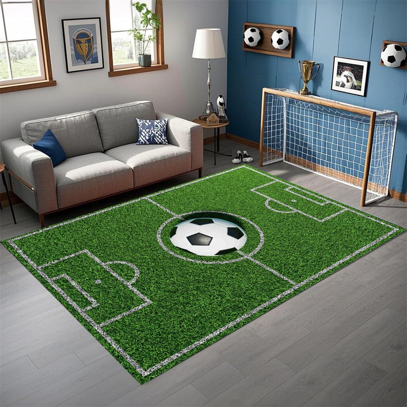 AOESELN Football Rug for Boys Room，120x180 cm Non Slip Football Field Rug,Playmat Area Rugs for Kids Rooms，for Living Room Bedroom Boy Girl Room Interior Home Decor
