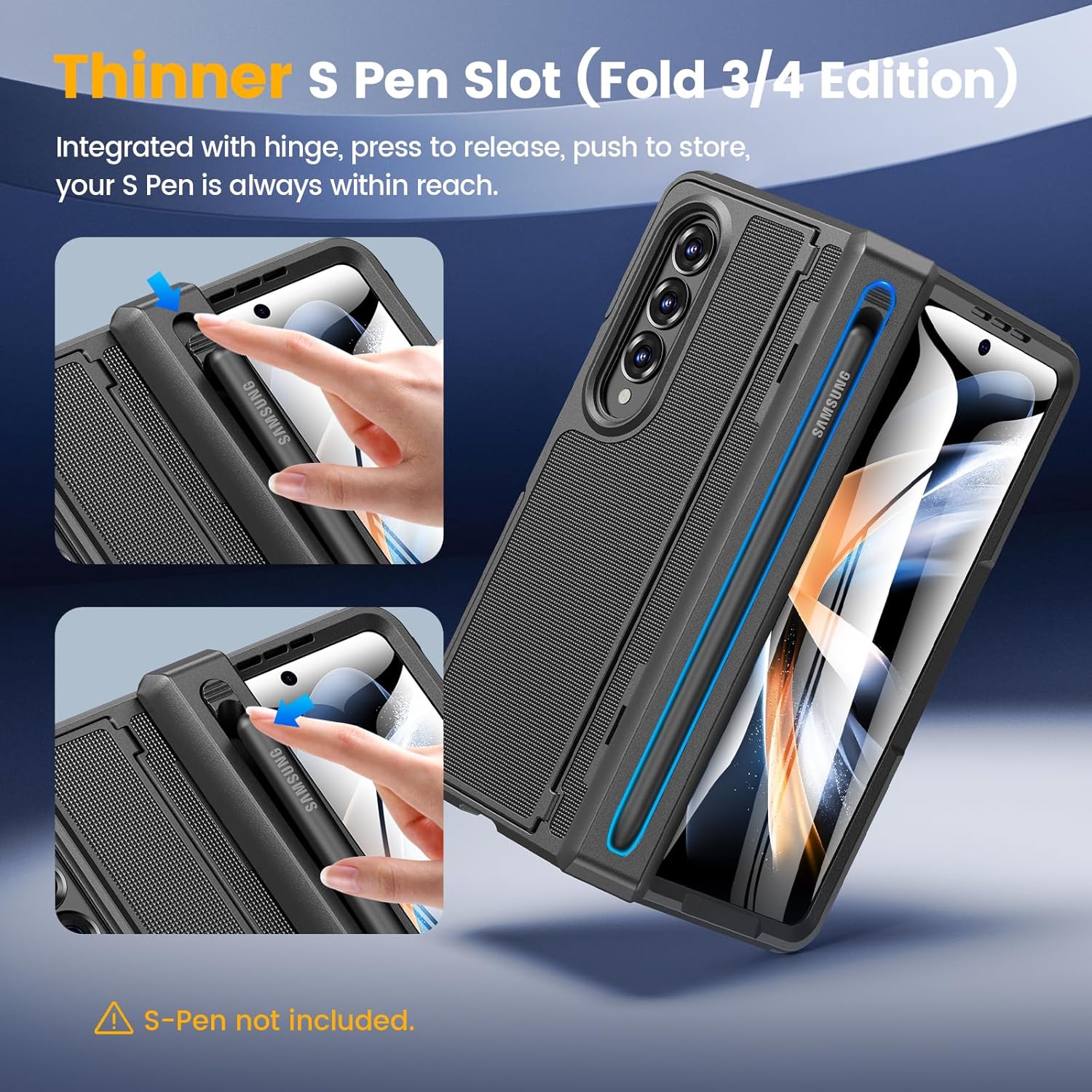 Caka for Samsung Galaxy Z Fold 4 Case [Thinner S Pen Holder] [Hidden Kickstand] [Hinge Protection] [Screen Protector] Full Body Hard Shockproof Phone Cover with Anti-Slip Textured for Fold4 - Black