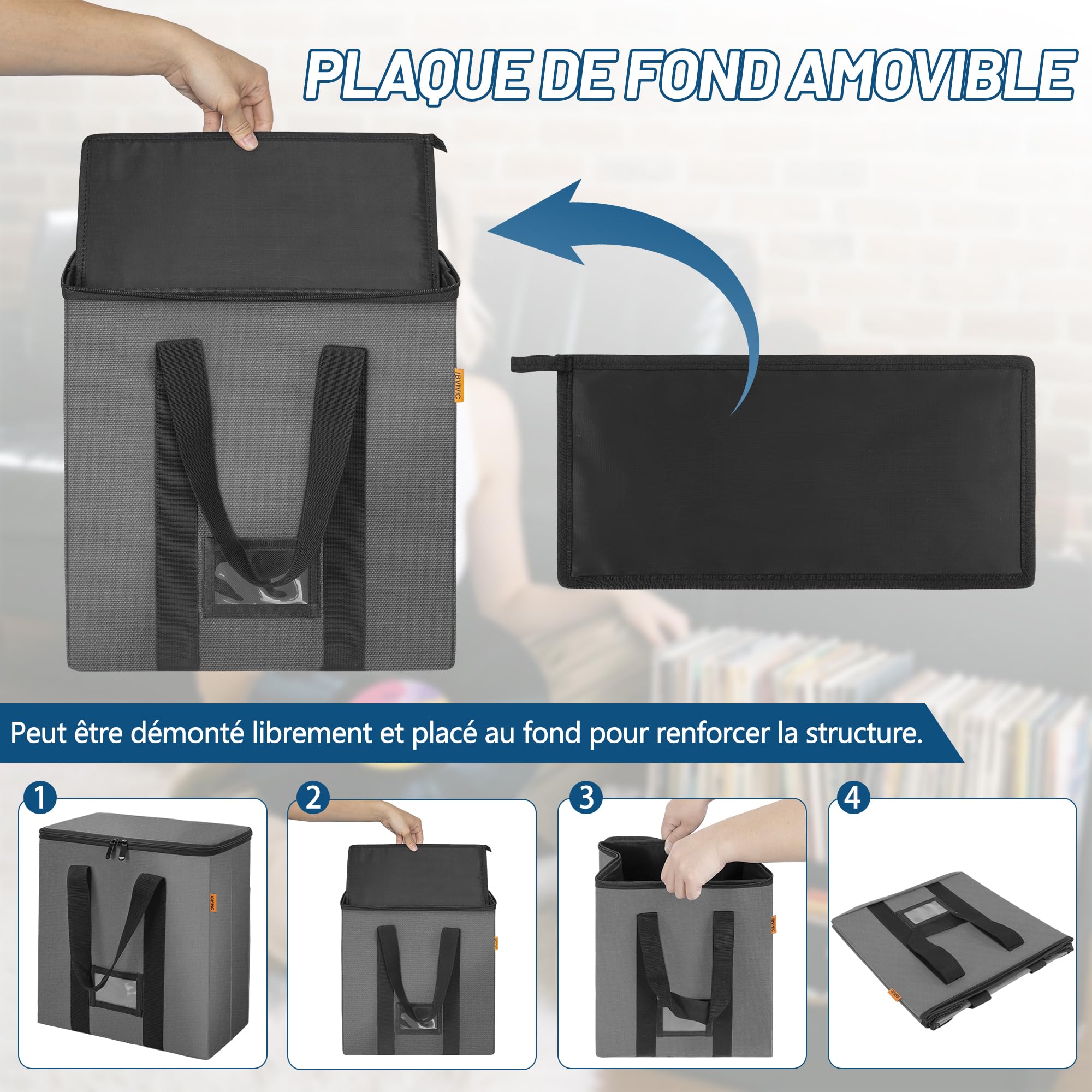 OUUTMEE - Bolsa de transporte para discos de vinilo con cremallera, capacidad hasta 50 solteros, funda de almacenamiento impermeable plegable para álbumes, CD, documentos, gris, S Talla, Bolsa de