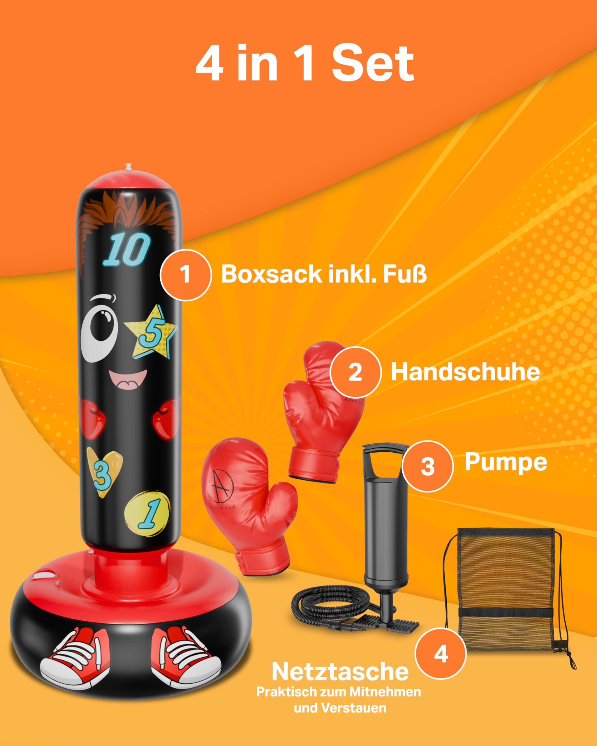 AVENTERA® Boxsack Kinder Stehend 3-12 Jahre (160cm Mit Lerneffekt) - 4-In-1 Set - Kinderboxsack Für Training, Bewegung & Motorik - Geprüfte Qualität