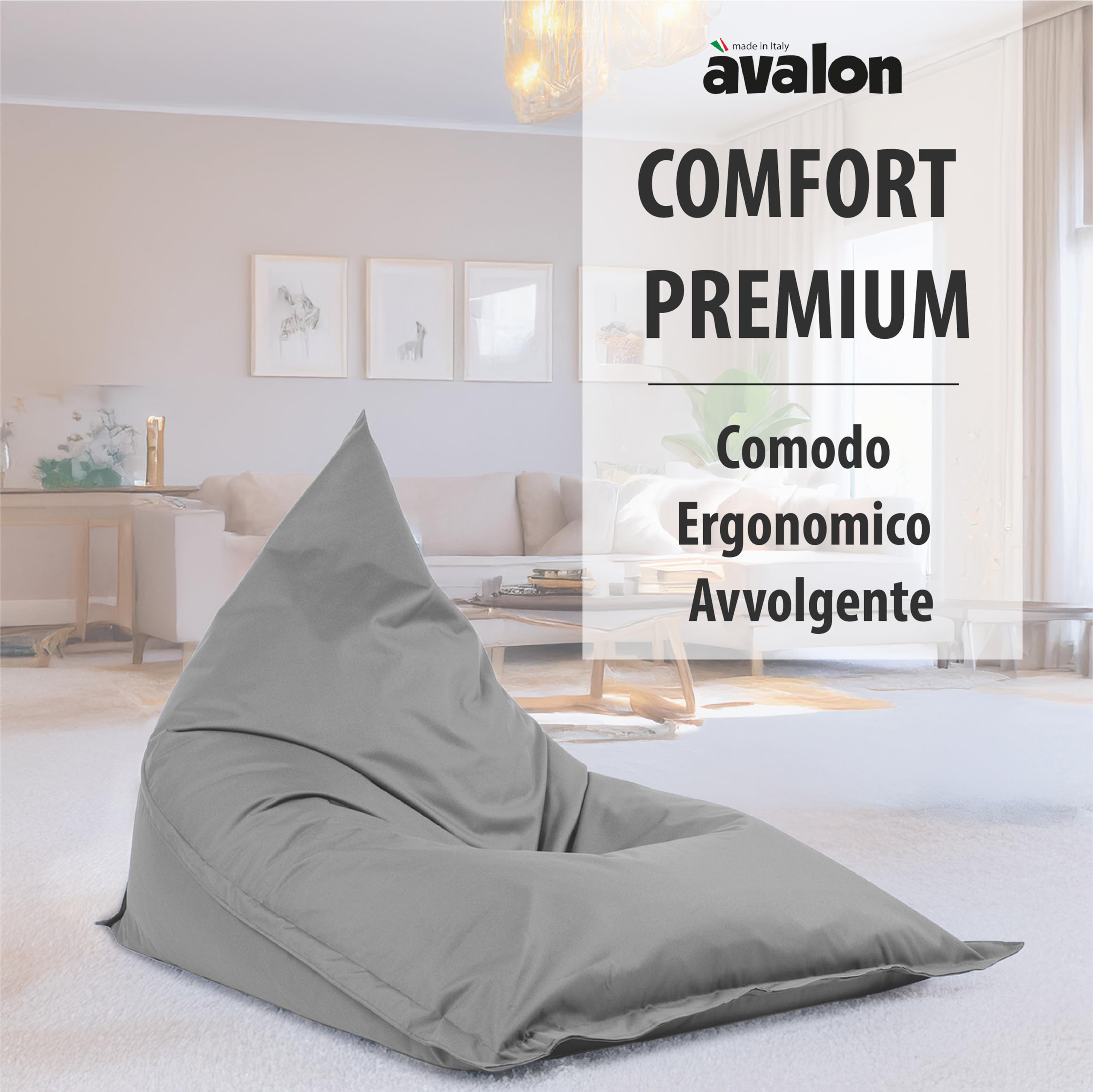 Avalon - Puff Poltrona Sacco da Esterno e Interno Gigante Shongo Deluxe Sfoderabile, Pouf Sacco Sartoriale, Bean Bag per Sedersi Impermeabile, Perfetto da Giardino, Made IT(140x175cm-Grigio)