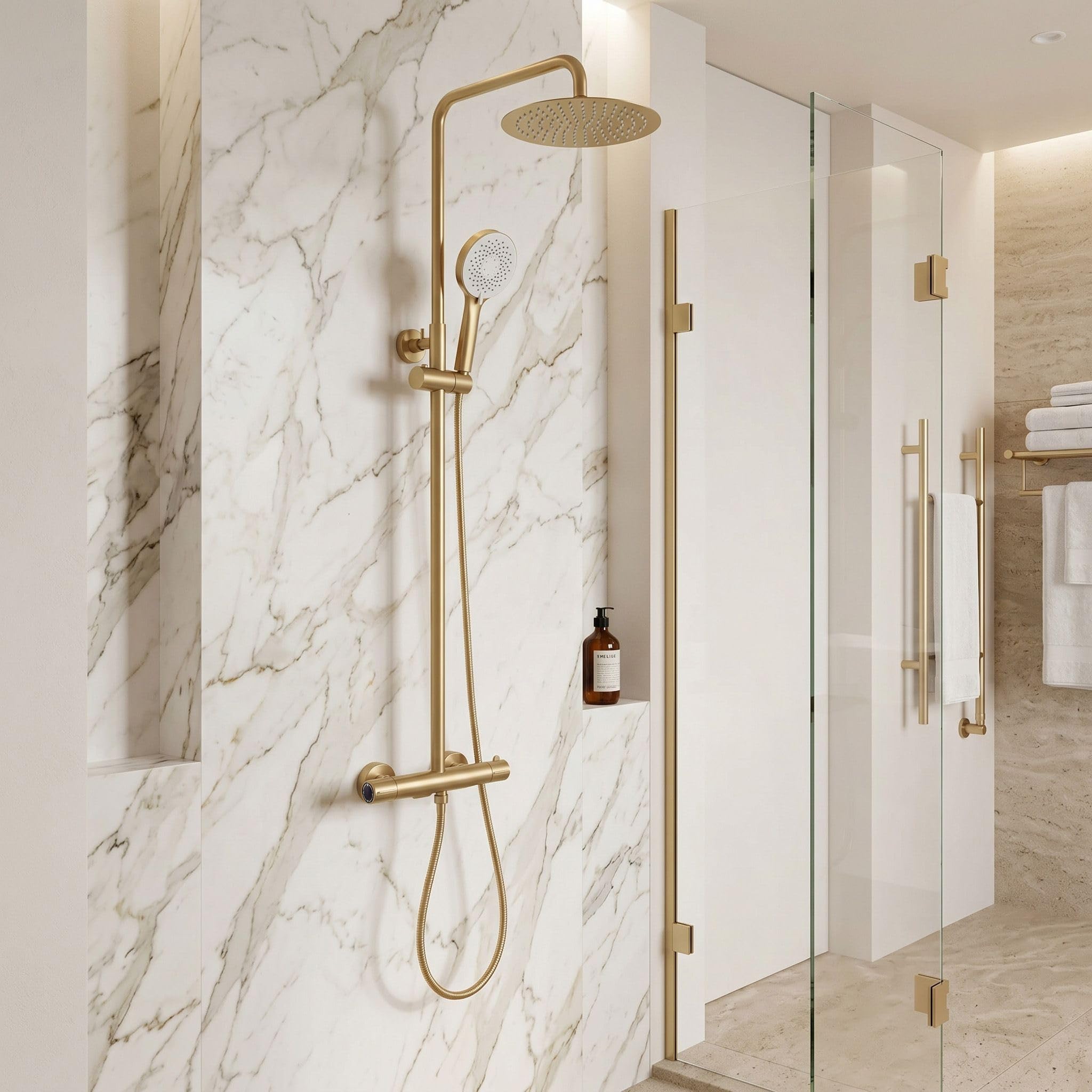 Rea - Duschset mit Thermostat Drop – gebürstetes Gold – 33 x 15 x 120,5 cm