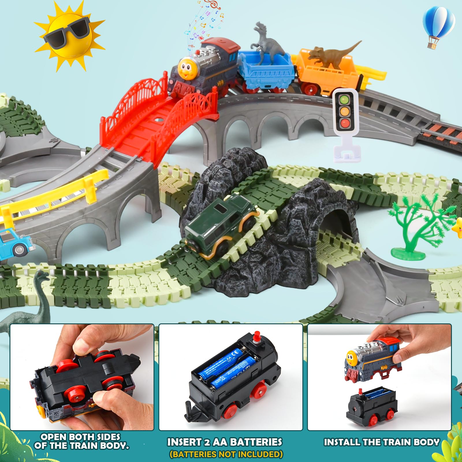 Circuit Train Electrique,259 PCS Jeu de Jouets de Véhicules avec Pont,Dinosaure Jouet Piste de Course, Pistes Flexibles,Jouets Train de Dinosaures Cadeau Garçons et Filles 3 4 5 6 7 8 9 10 Ans