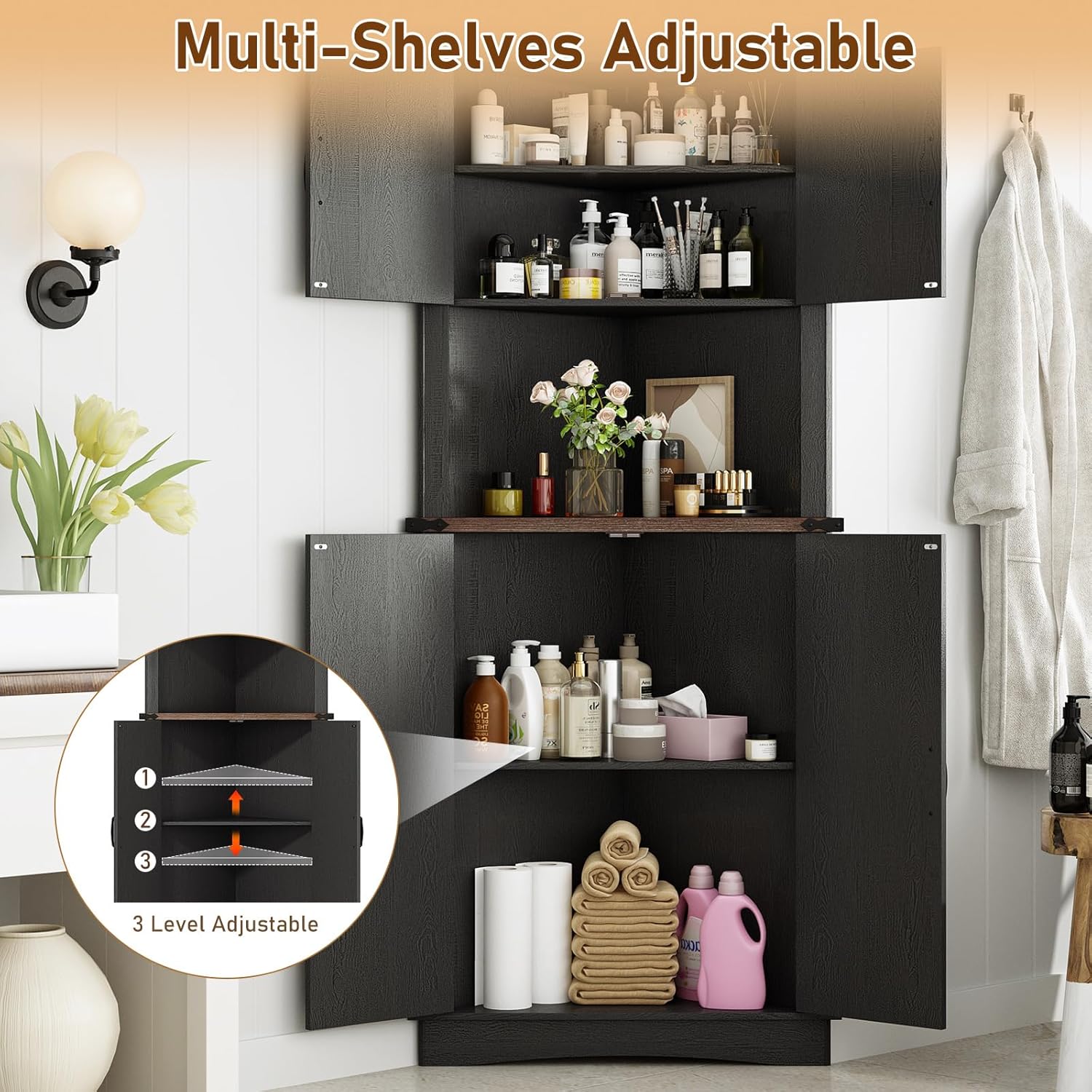 Image showing the adjustable shelves feature with items stored on them, and an inset diagram of how to adjust shelf height