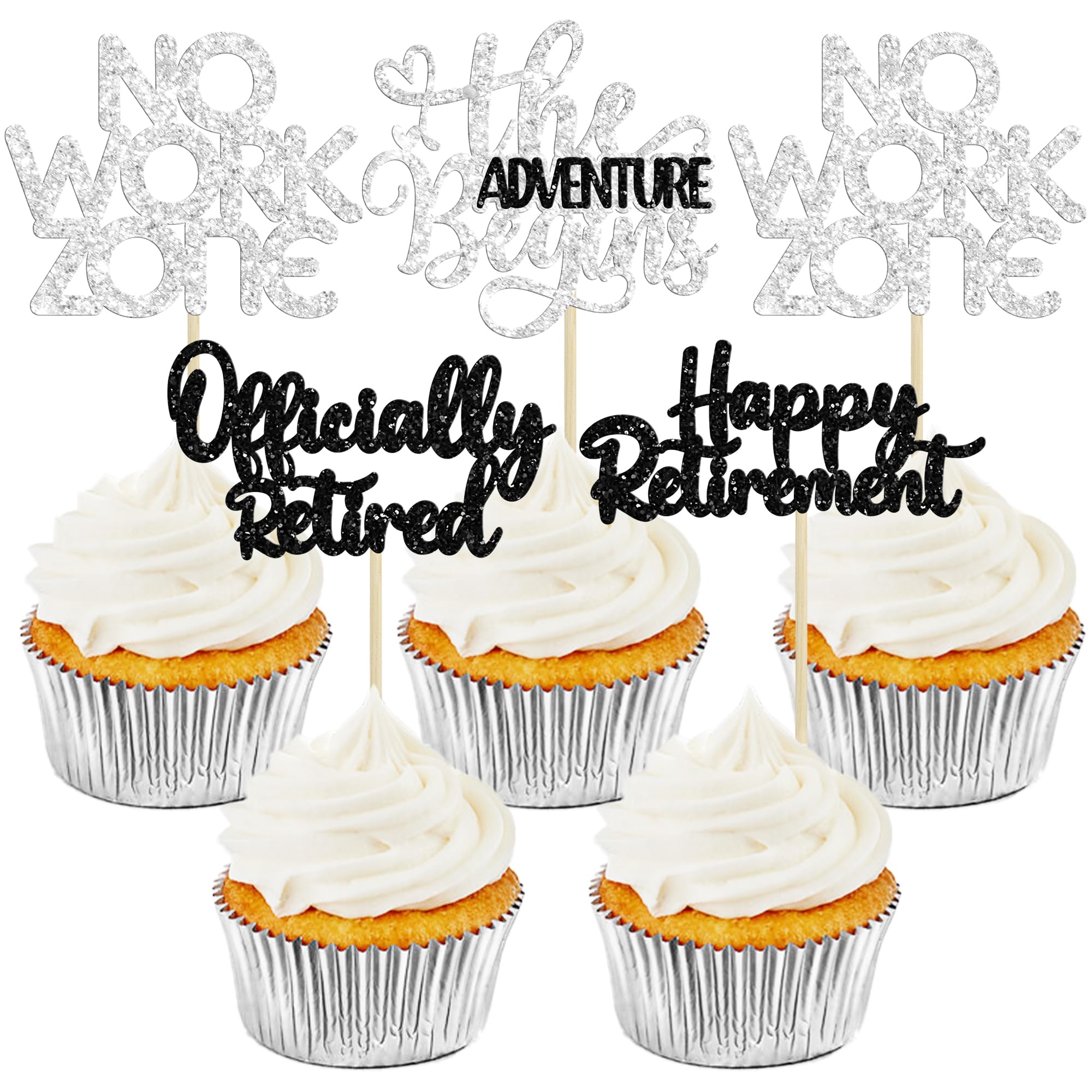 24Pcs Happy Retirement Cupcake Toppers Officially Retired Cake Toppers No Work Zone Adventure Begins Cupcake Picks Retirement Theme Farewell Birthday Party Decorations Supplies Silver