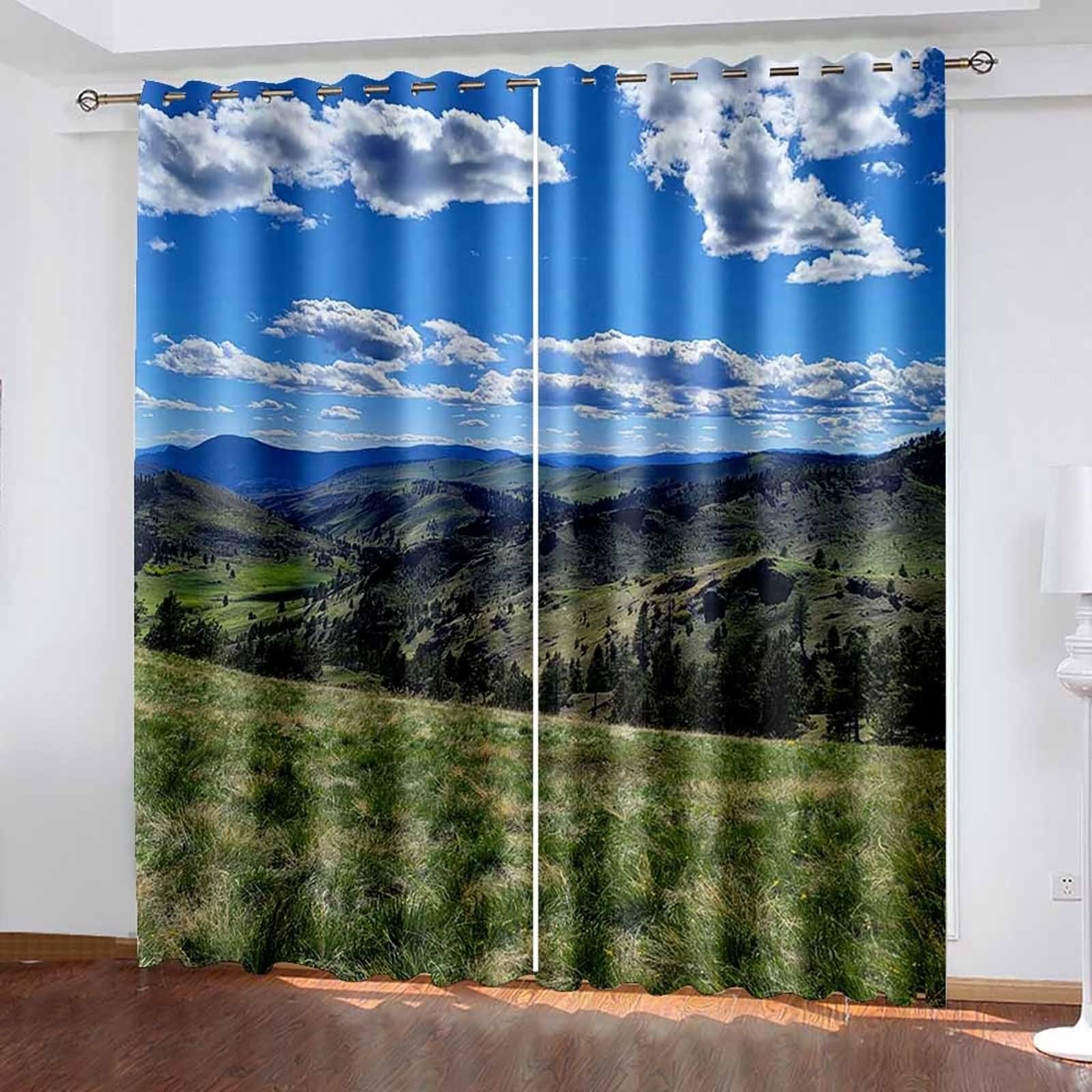 Czeska zasłona okienna, zasłona zaciemniająca niebieski biały zielony słoneczny krajobraz górski poliester 2 panele 468 x 214 cm