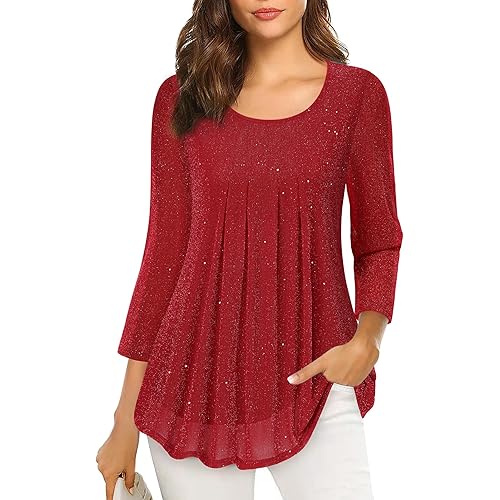 VALOLIA Women's 3/4 Sleeve Tunic Tops Casual Loose Fit Floral Blouses Mesh Pleated Layered Shirt
