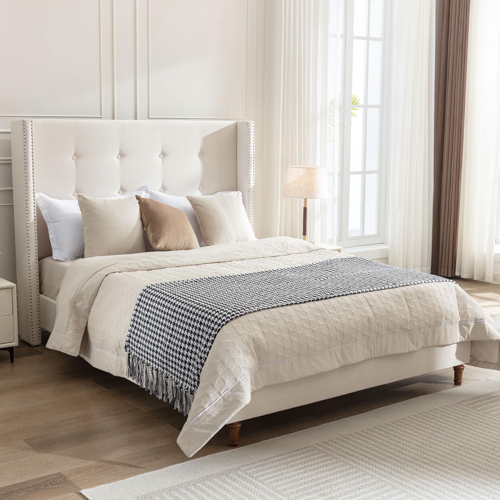 Upholstered Platform Wingback Bed Frame with 54" High Headboard, Solid Walnut Wood Feet, Sturdy Metal & Wood Slats (Velvet, White-R2026, Queen (U.S.