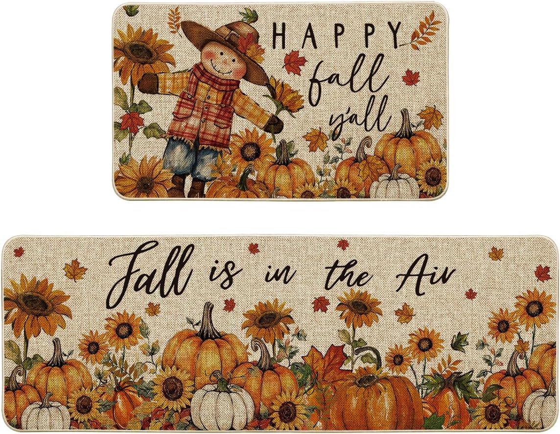 Artoid Mode Scarecrow Sunflower Happy Fall Kitchen Mats Set of 2, Autumn Home Decor Low-Profile Kitchen Rugs for Floor - 17x29 and 17x47 Inch