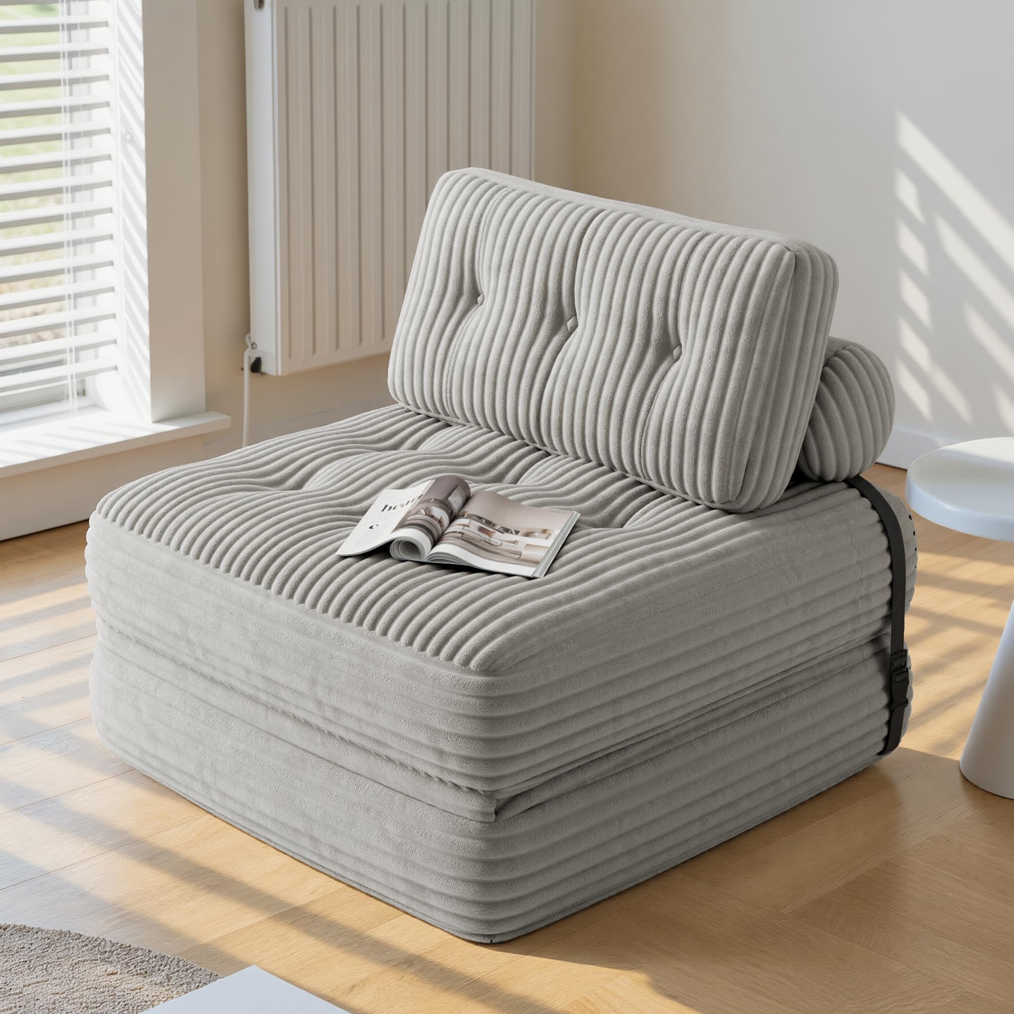 Xbro Składana sofa rozkładana z oparciem, przenośny fotel rozkładany w łóżku 2 w 1 do małych przestrzeni, sztruksowa tkanina z wypełnieniem piankowym, 190 x 85 cm rozłożony (jasnoszary)