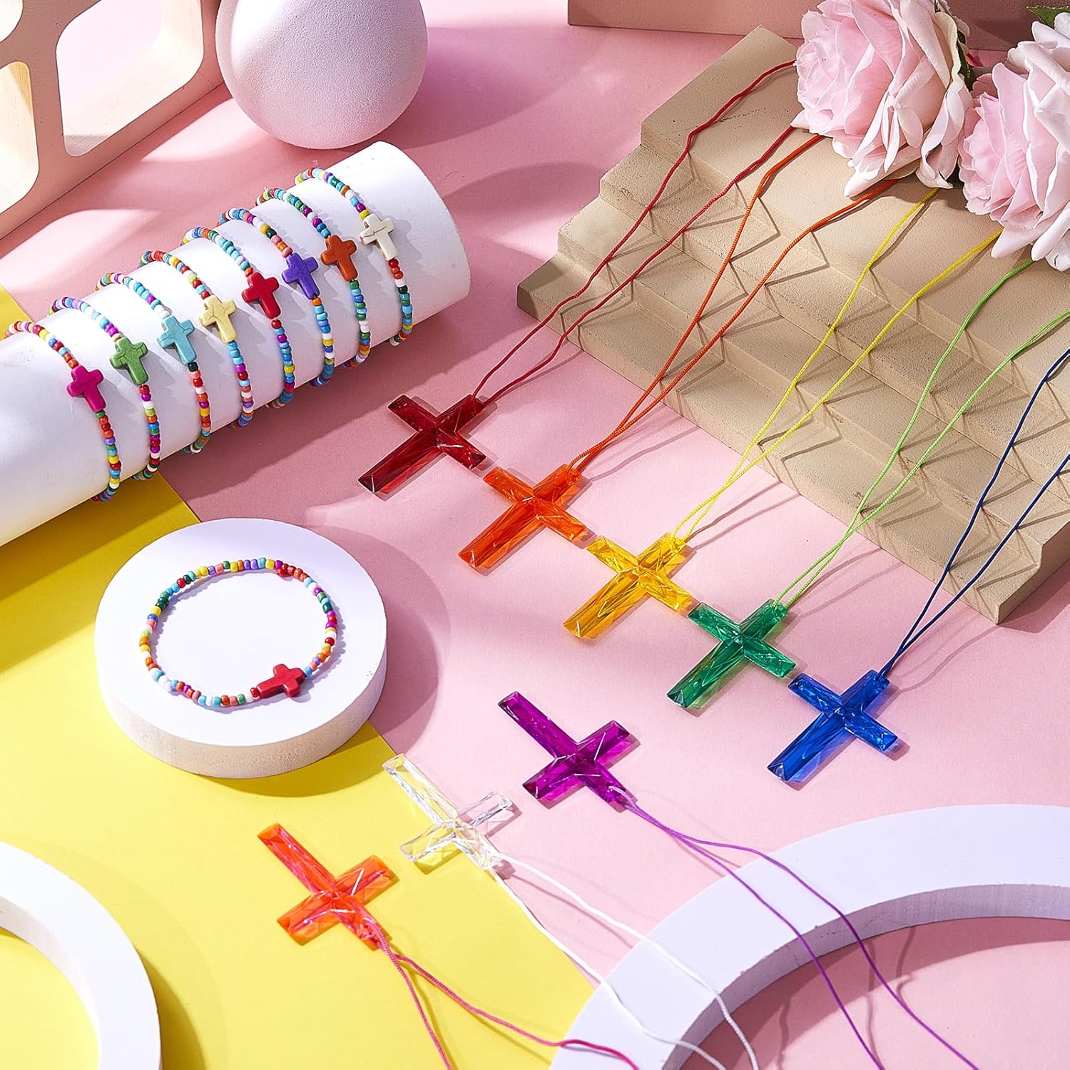48 Pcs Cross Necklaces Christian Religious Easter Party Favors Include 24 Plastic Crystal Cross Necklace DIY Craft Gifts with 24 Bracelet for Easter Vacation Bible Prize Favor(Bead) - Image 7