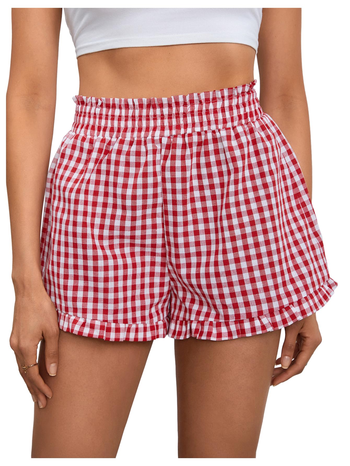 Women's Gingham Ruffle Lounge Shorts Elastic High Waist Pajamas Boxer Shorts-image-44