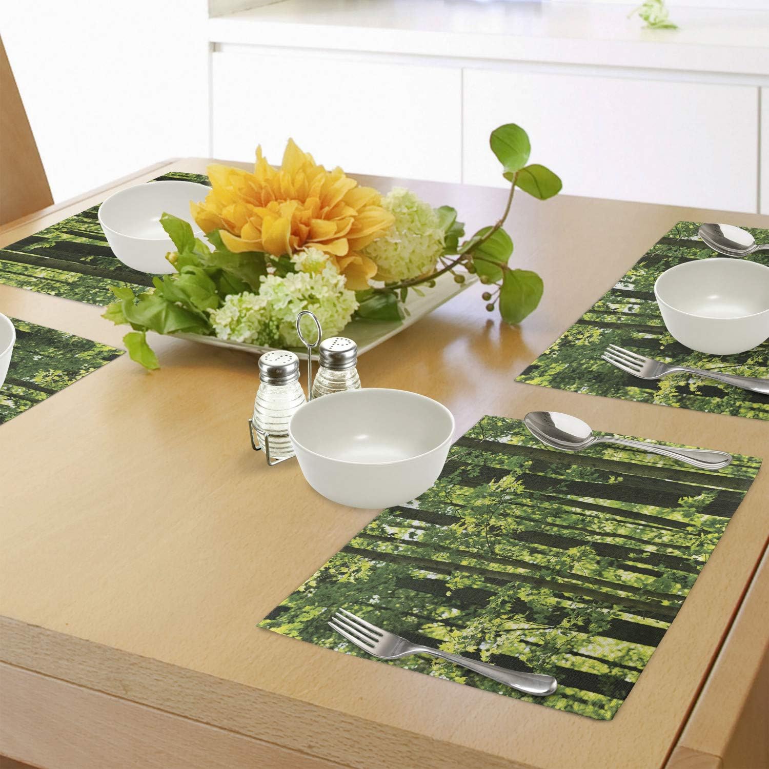 Lunarable Nature Place Mats Set of 4, Refreshing Young Forest with Canadian Maple Trees Foliage Environment Image, Washable Fabric Placemats for Dining Table, Standard Size, Green Brown