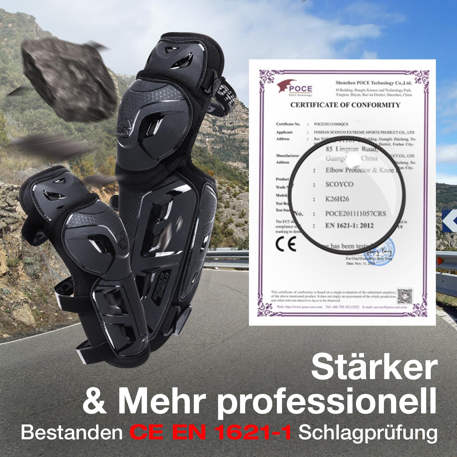 Scoyco Knieprotektoren Motorrad, CE-Schutzstufe 1 Knie und Ellenbogenschützer Erwachsene für Motocross E-Bike Skateboarden TPU Schale Protektoren